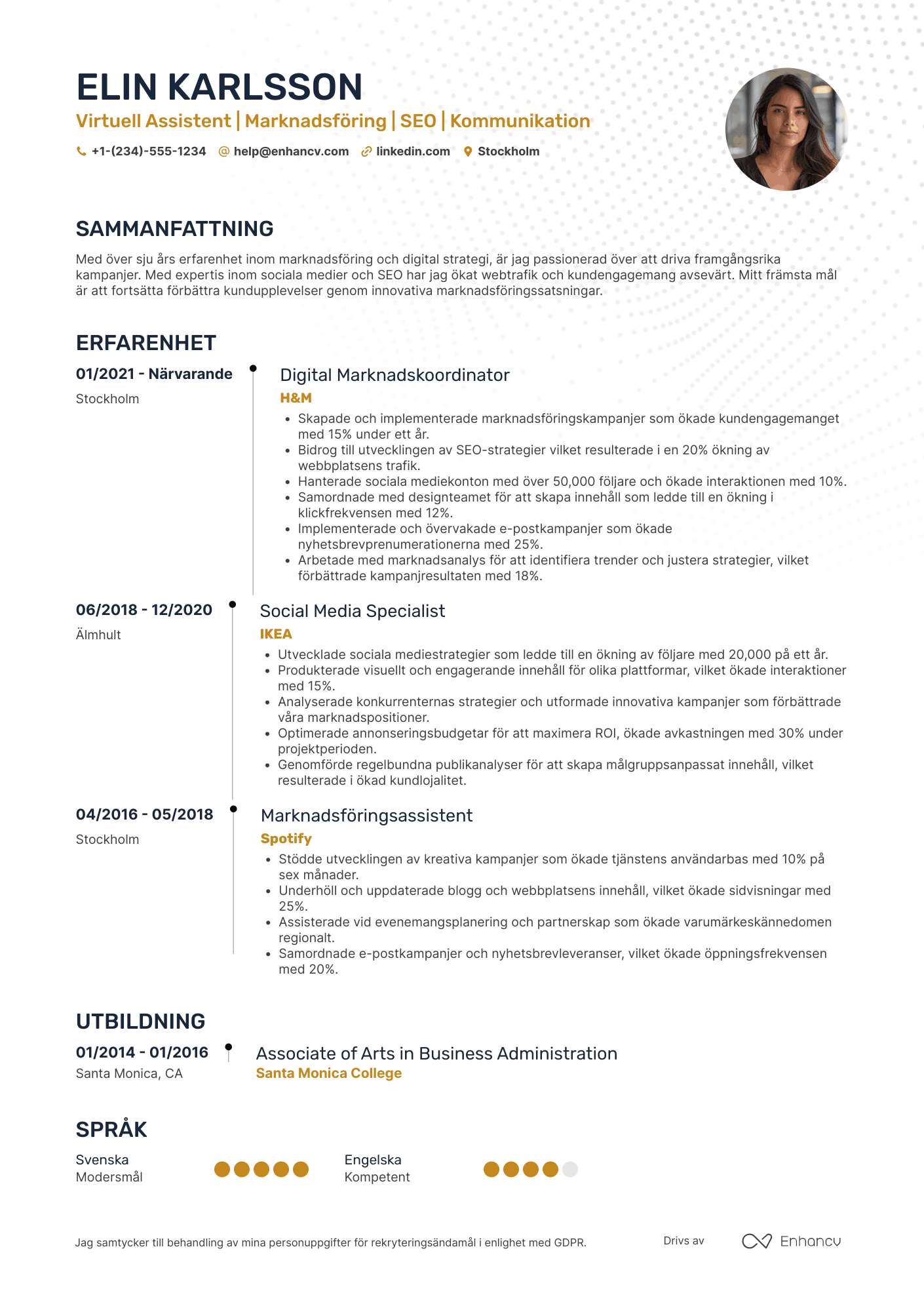 CV för Virtuell Assistent Marknadsföring