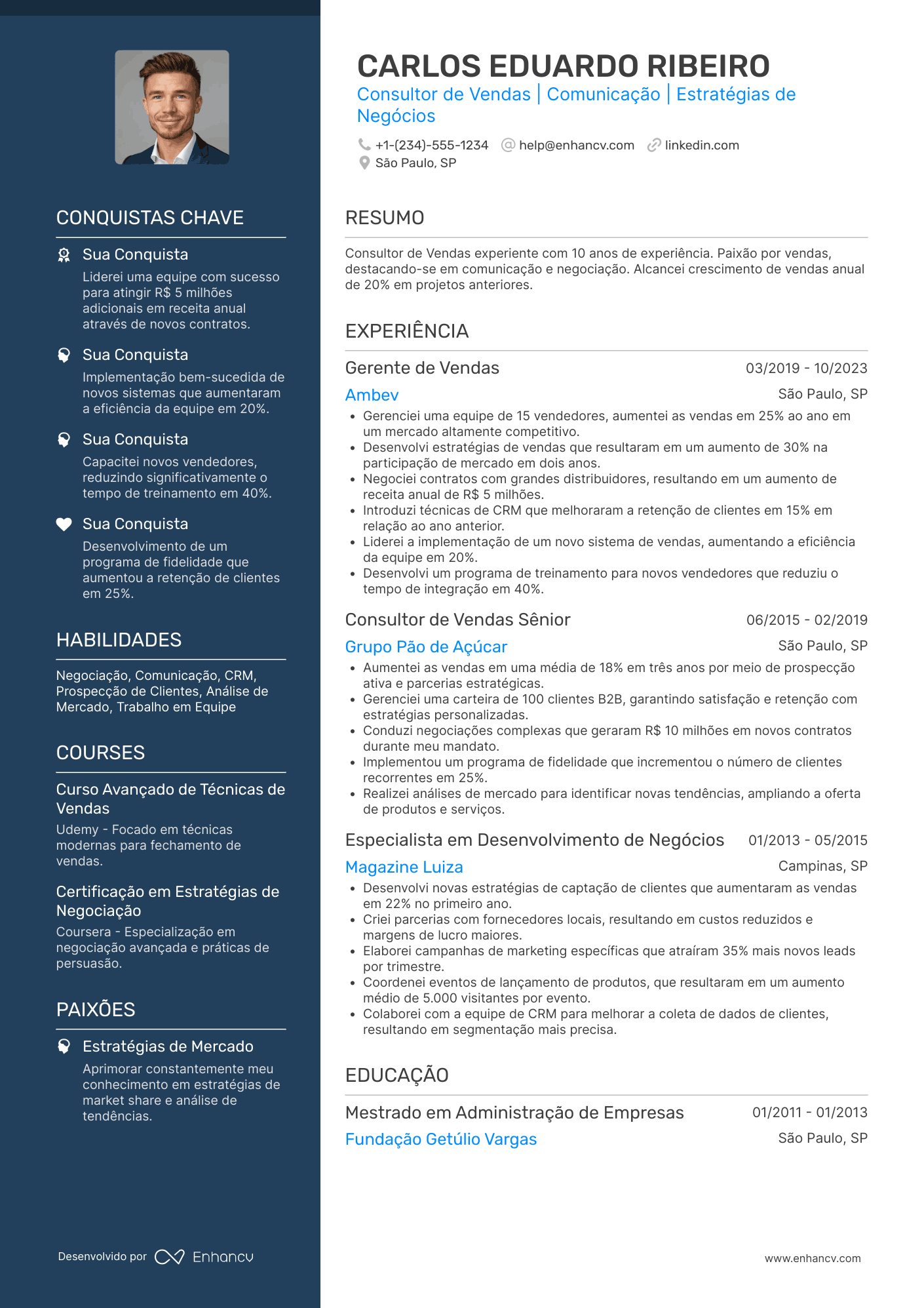 Currículo para consultor de vendas