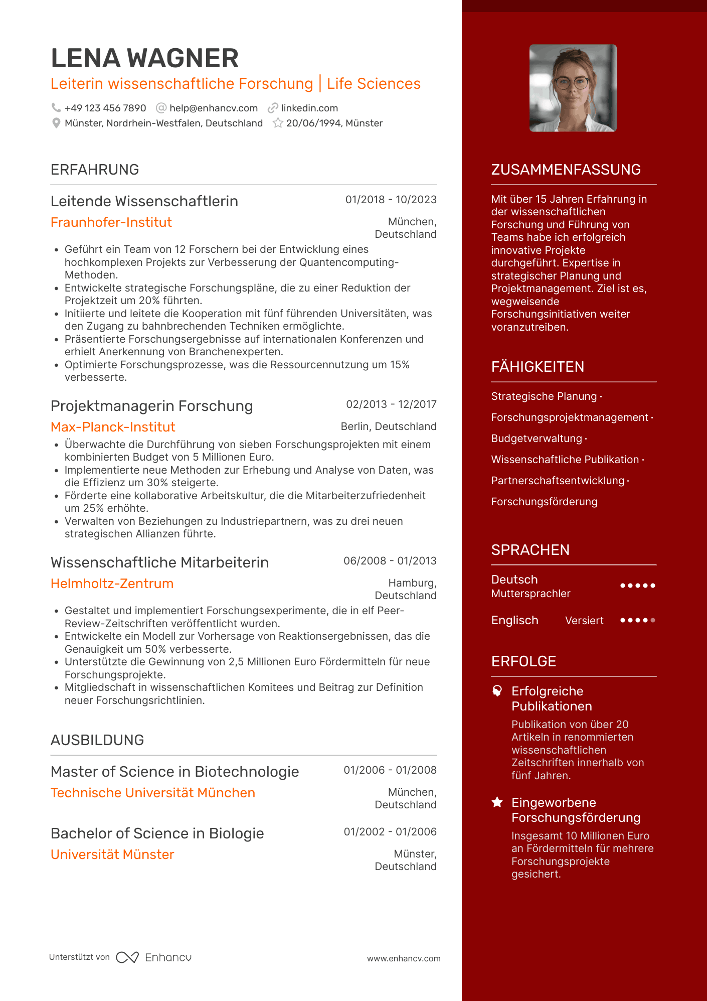 Lebenslauf als Wissenschaftlicher Forschungsleiter