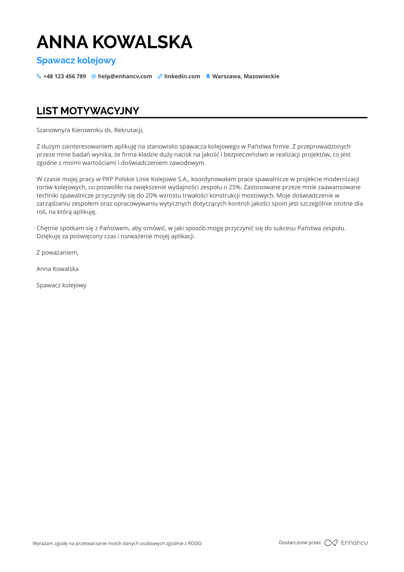 List motywacyjny dla Spawacz kolejowy