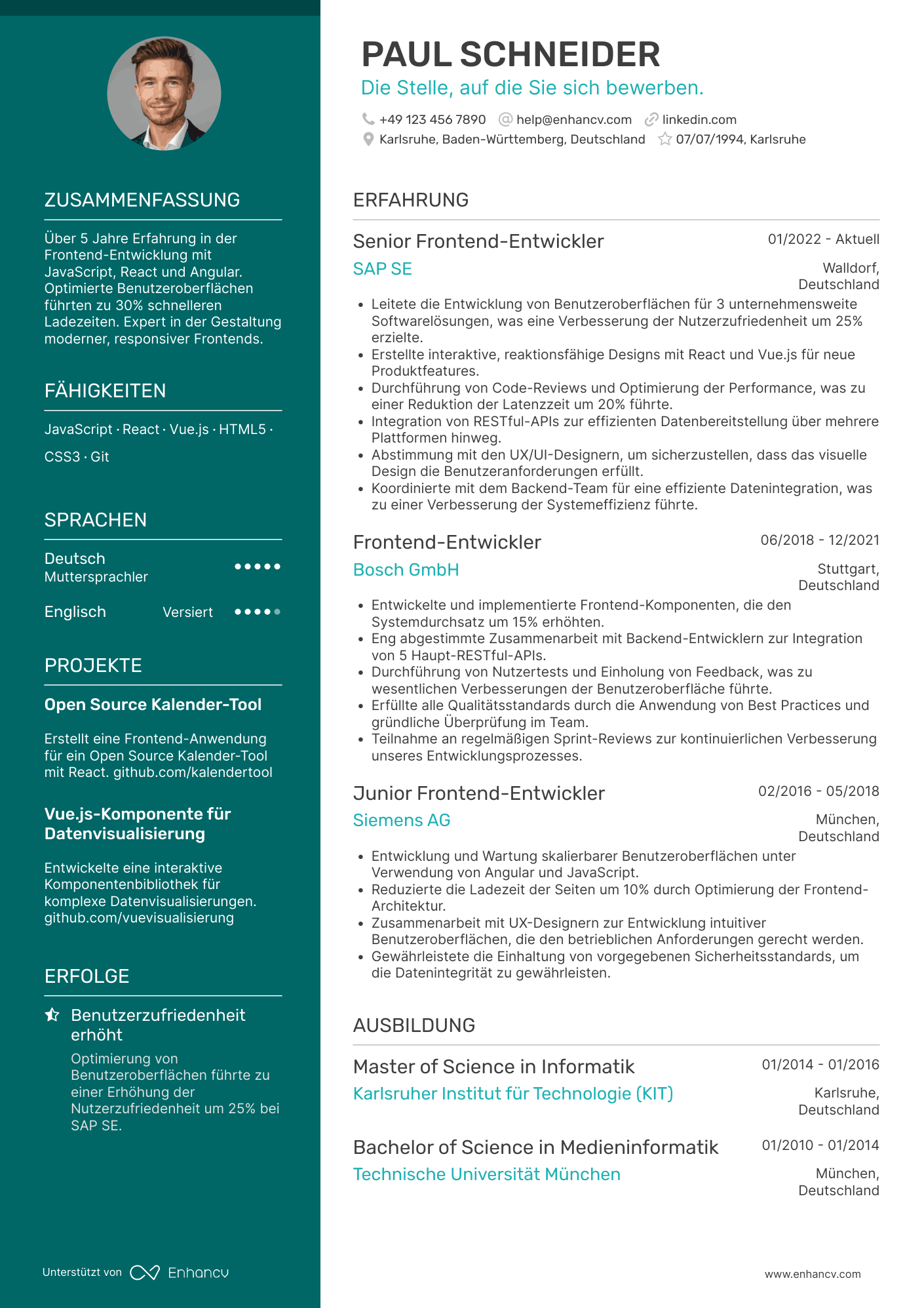 Lebenslauf als Softwareentwickler für Frontend Entwicklung