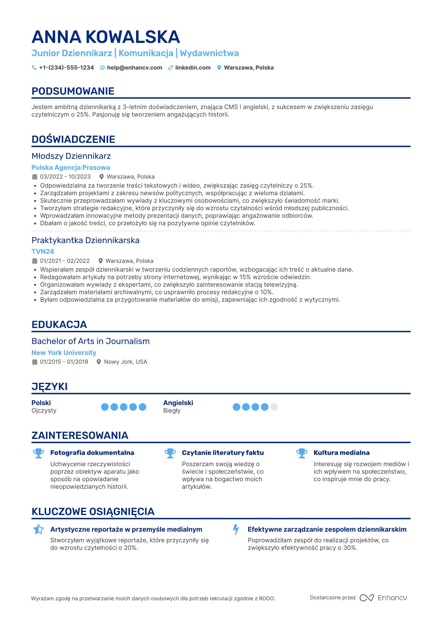 CV dla Junior Dziennikarz