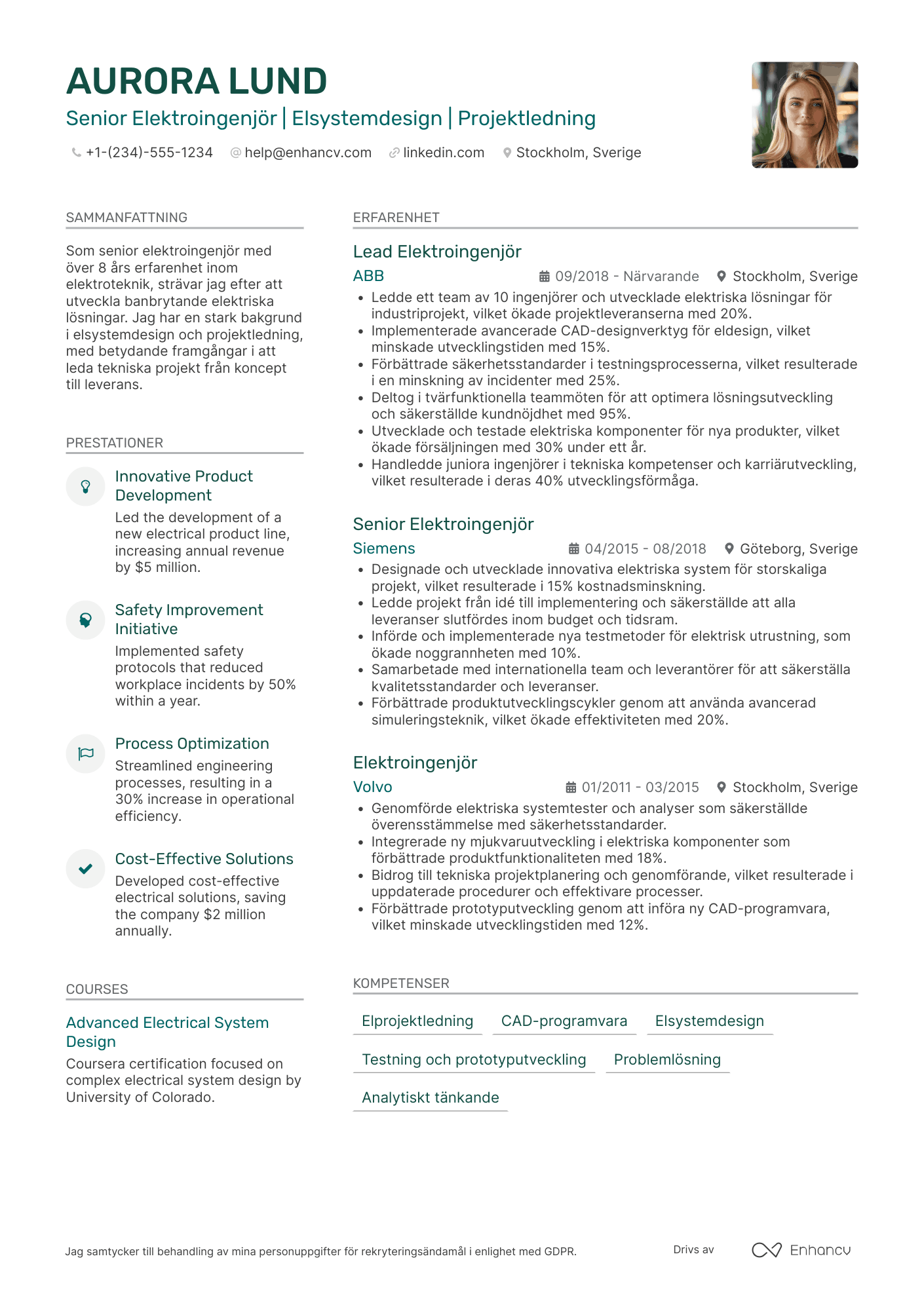 CV för Senior elektroingenjör