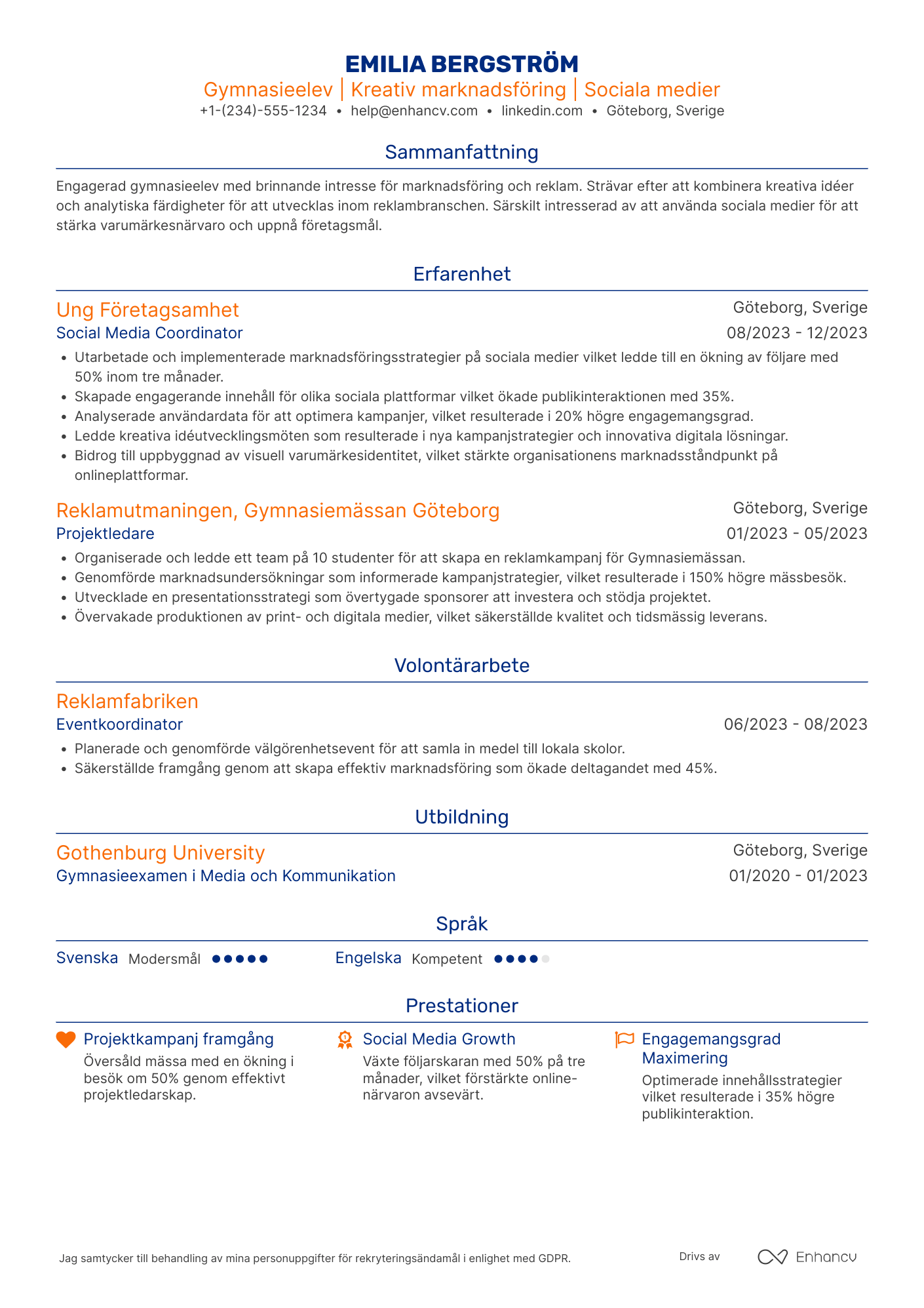 CV för Gymnasieelev Reklam