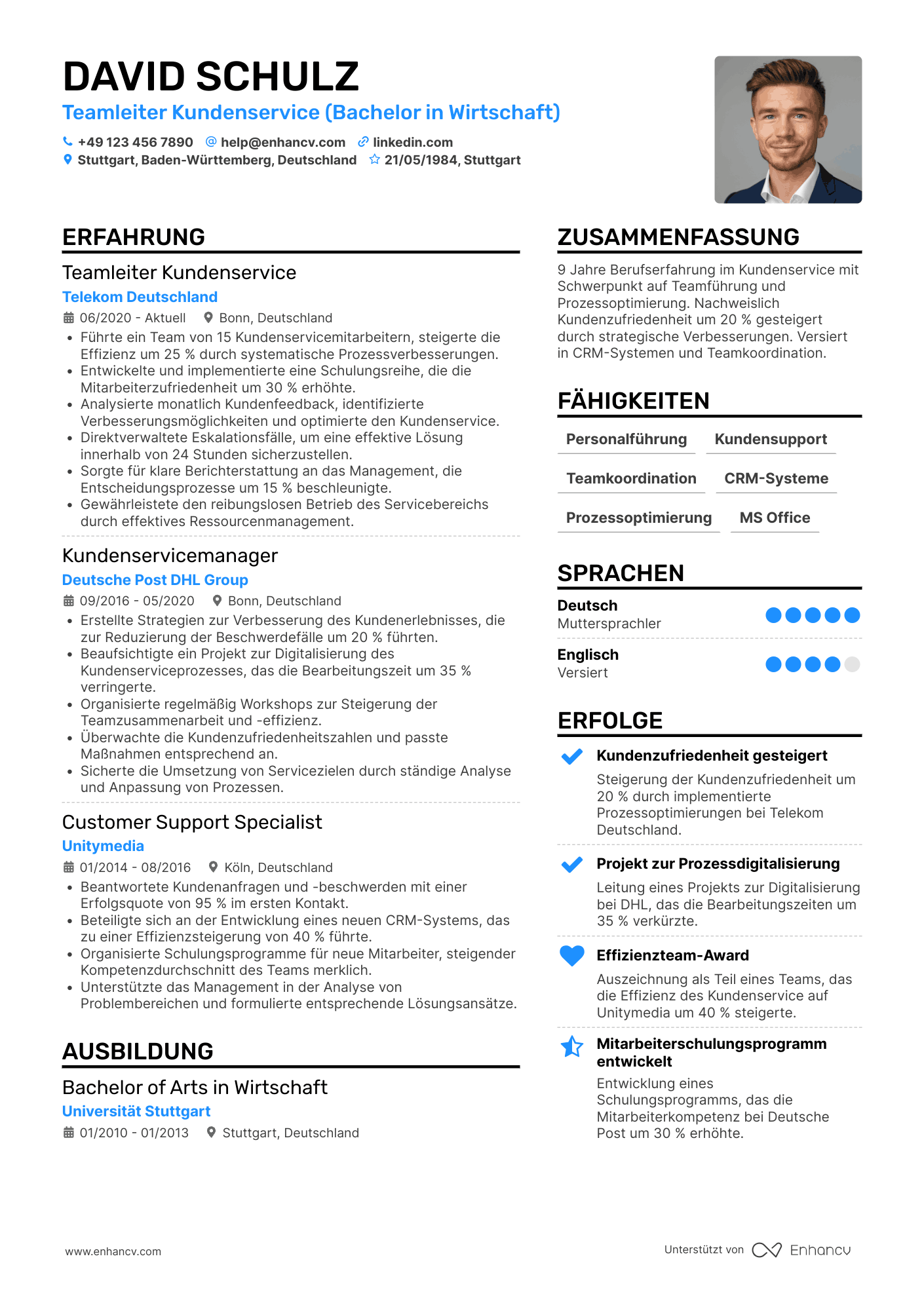 Lebenslauf als Stellvertretender Manager für Kundenservice