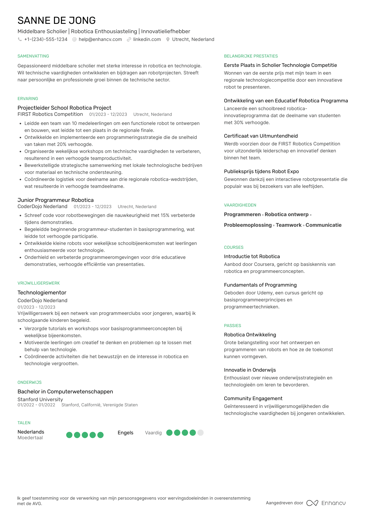 CV voor Middelbare School Student Robotics Club Member