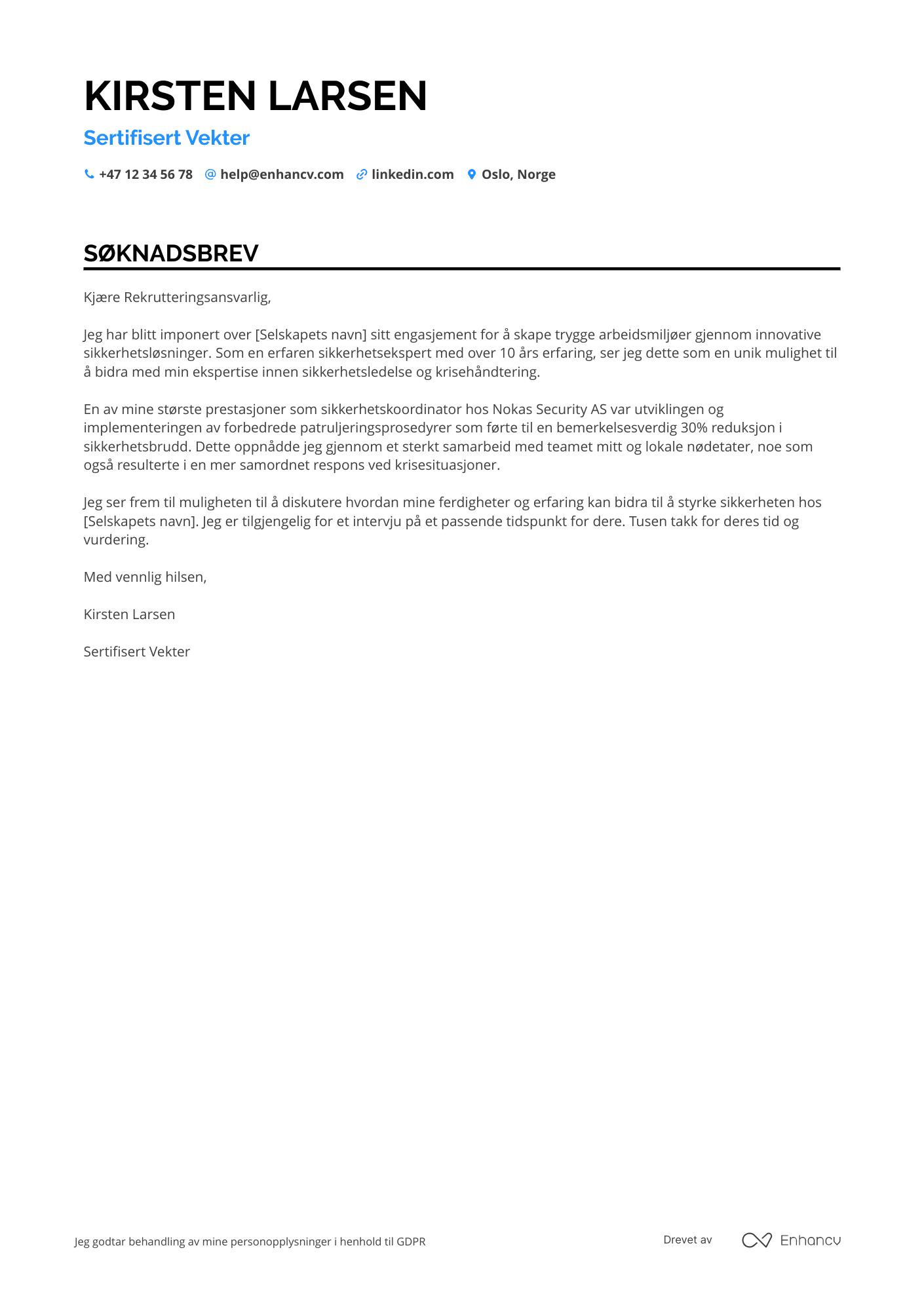 Søknadsbrev for Sertifisert vekter