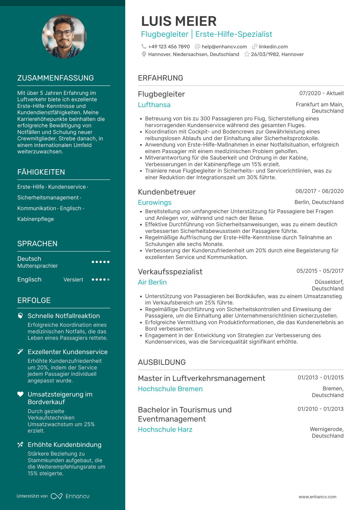 Lebenslauf als Flugbegleiter mit Erste Hilfe Ausbildung
