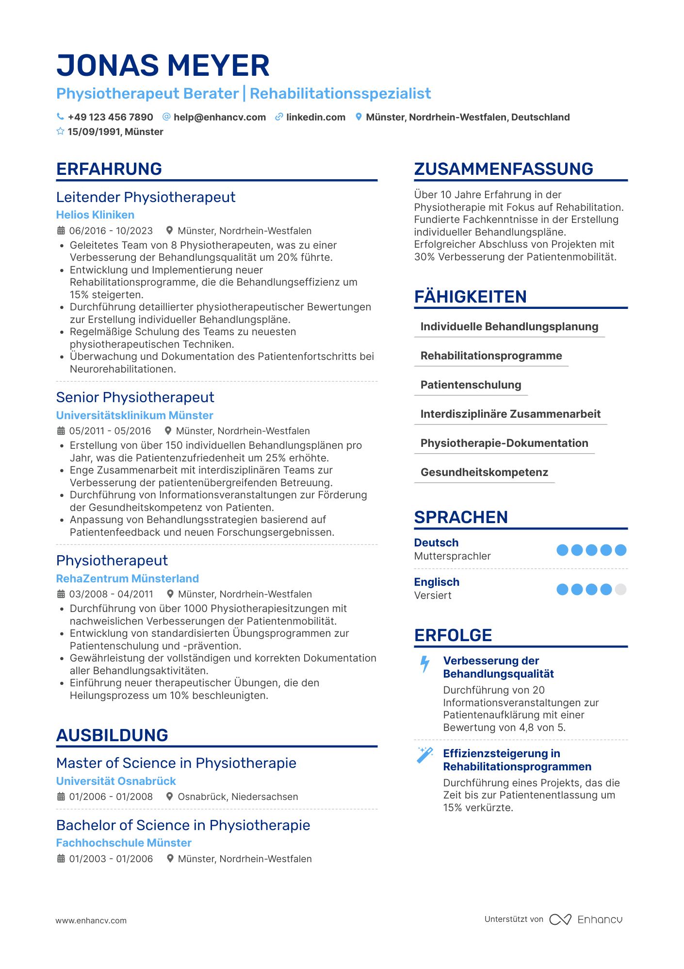 Lebenslauf als Physiotherapeut Berater