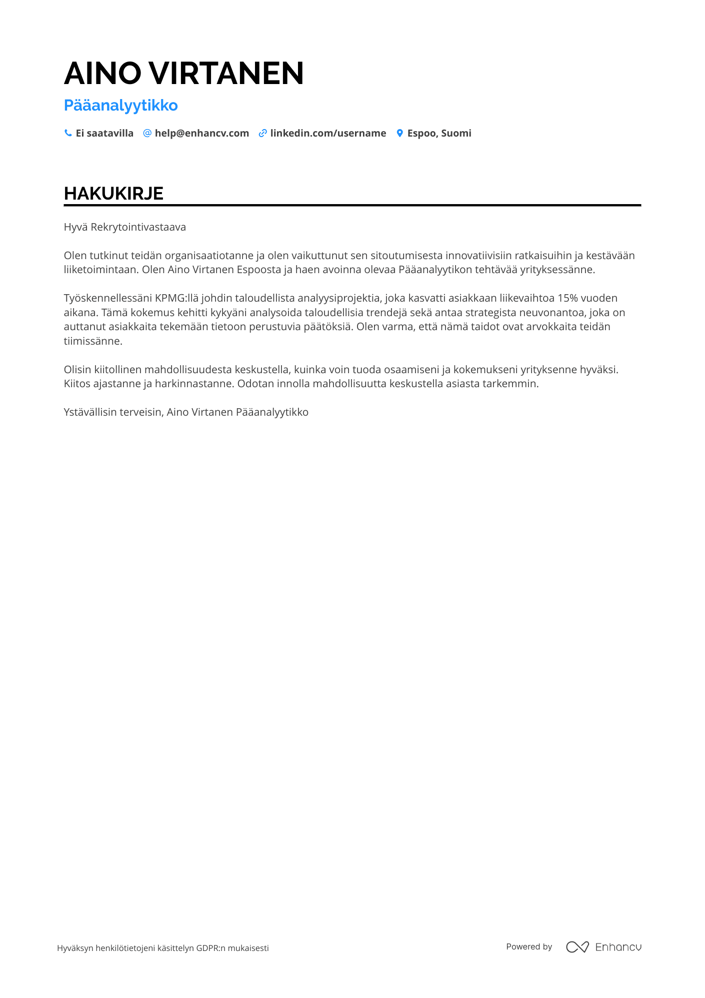 Hakukirje Pääanalyytikko Talousanalyytikko