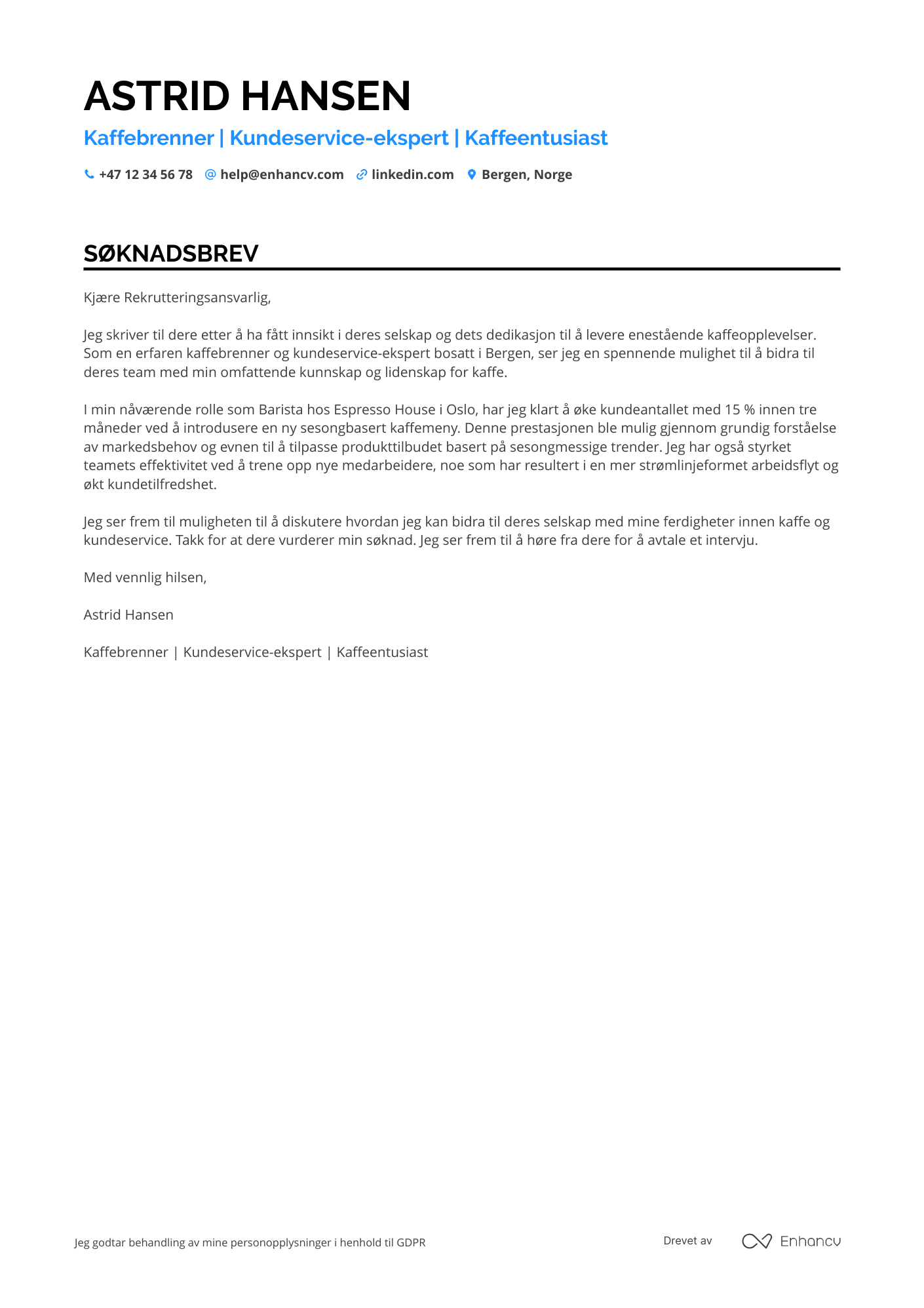 Søknadsbrev for Restaurantmedarbeider Barista