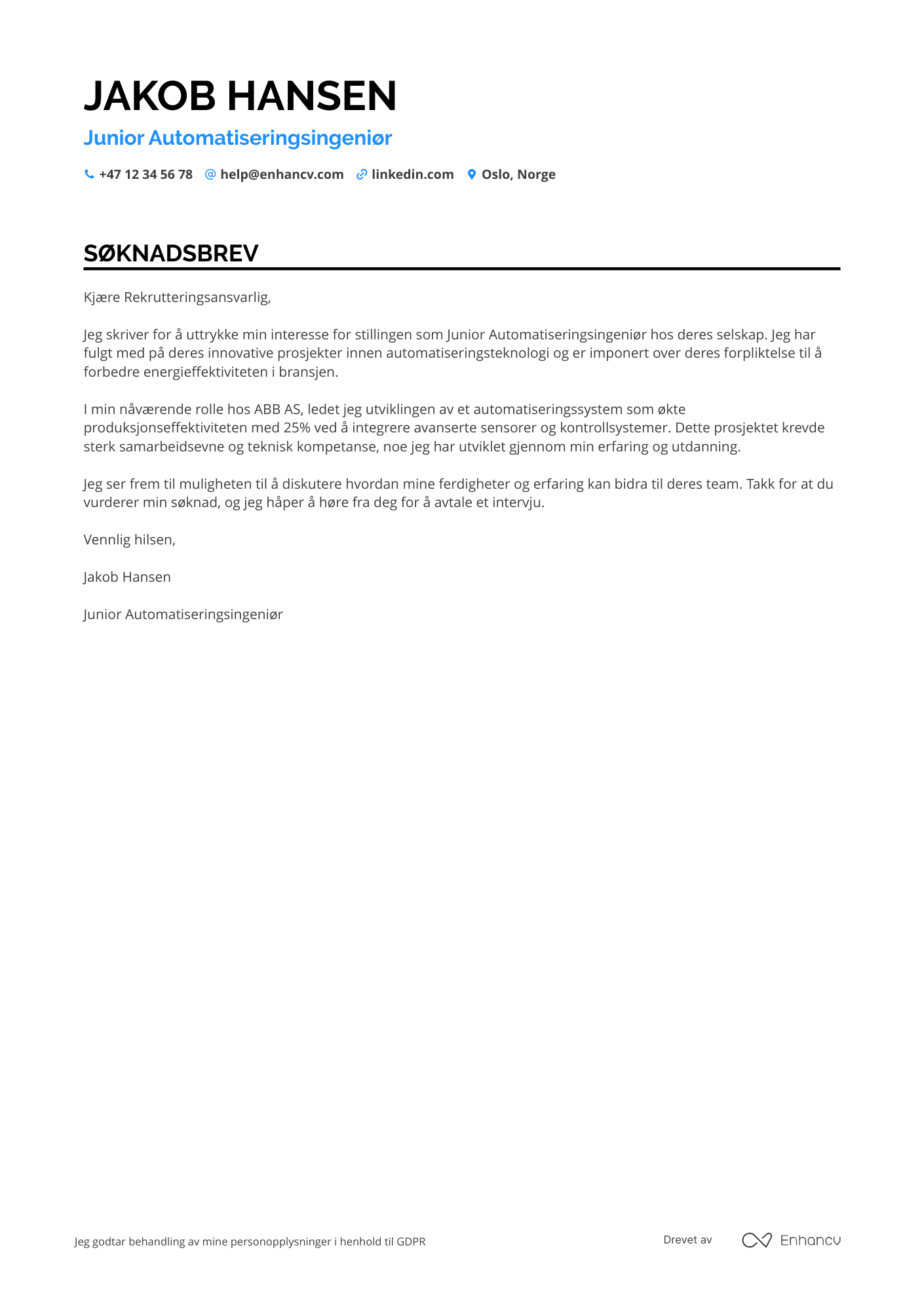 Søknadsbrev for Junior Automatiseringsingeniør