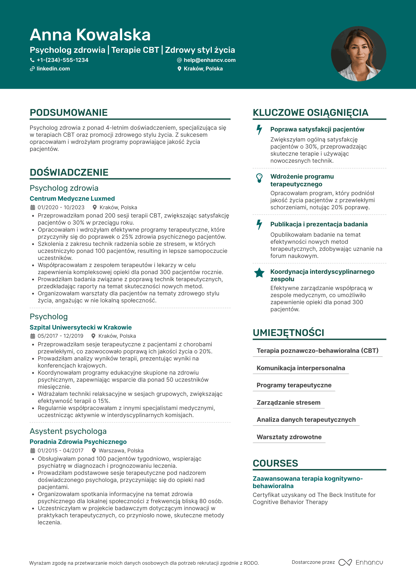 CV dla Psycholog zdrowia