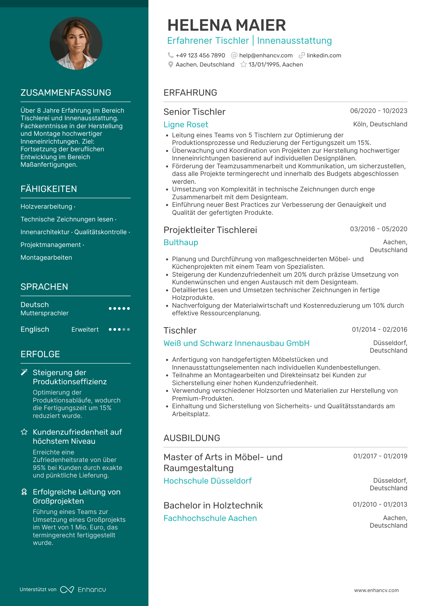 Lebenslauf in Tischler in der Innenausstattungsindustrie