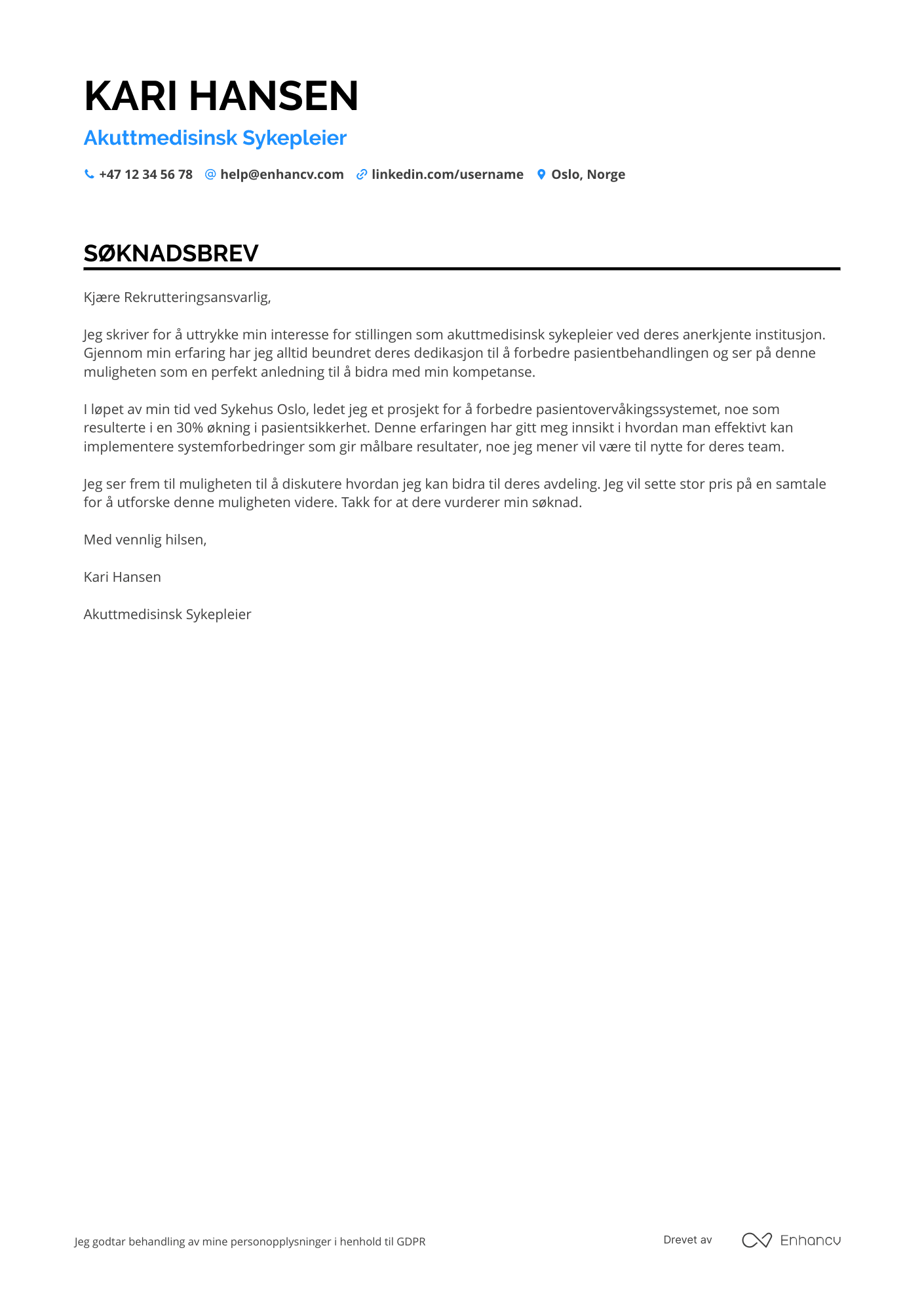 Søknadsbrev for Akuttmedisinsk Sykepleier