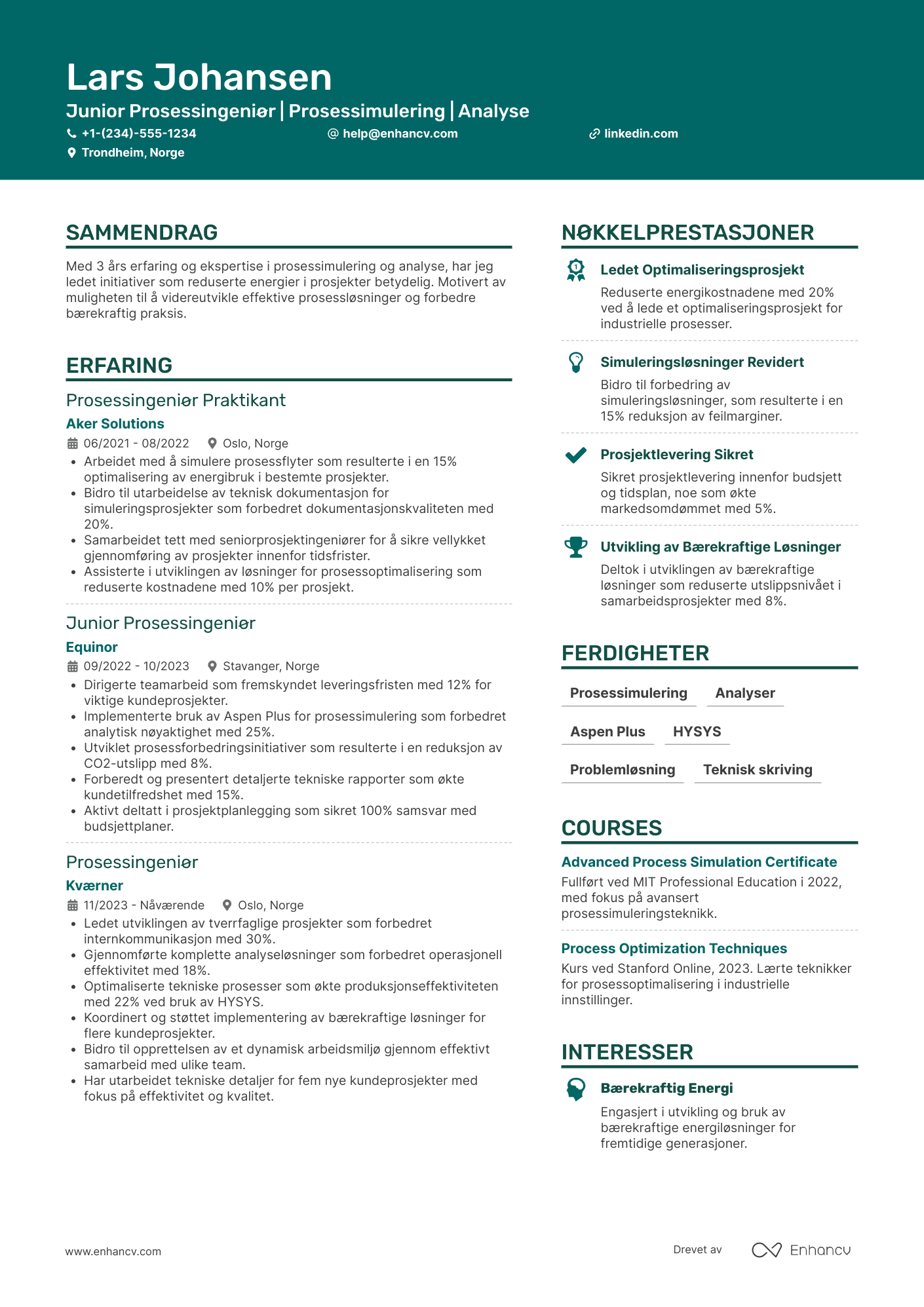 CV for Junior Prosessingeniør