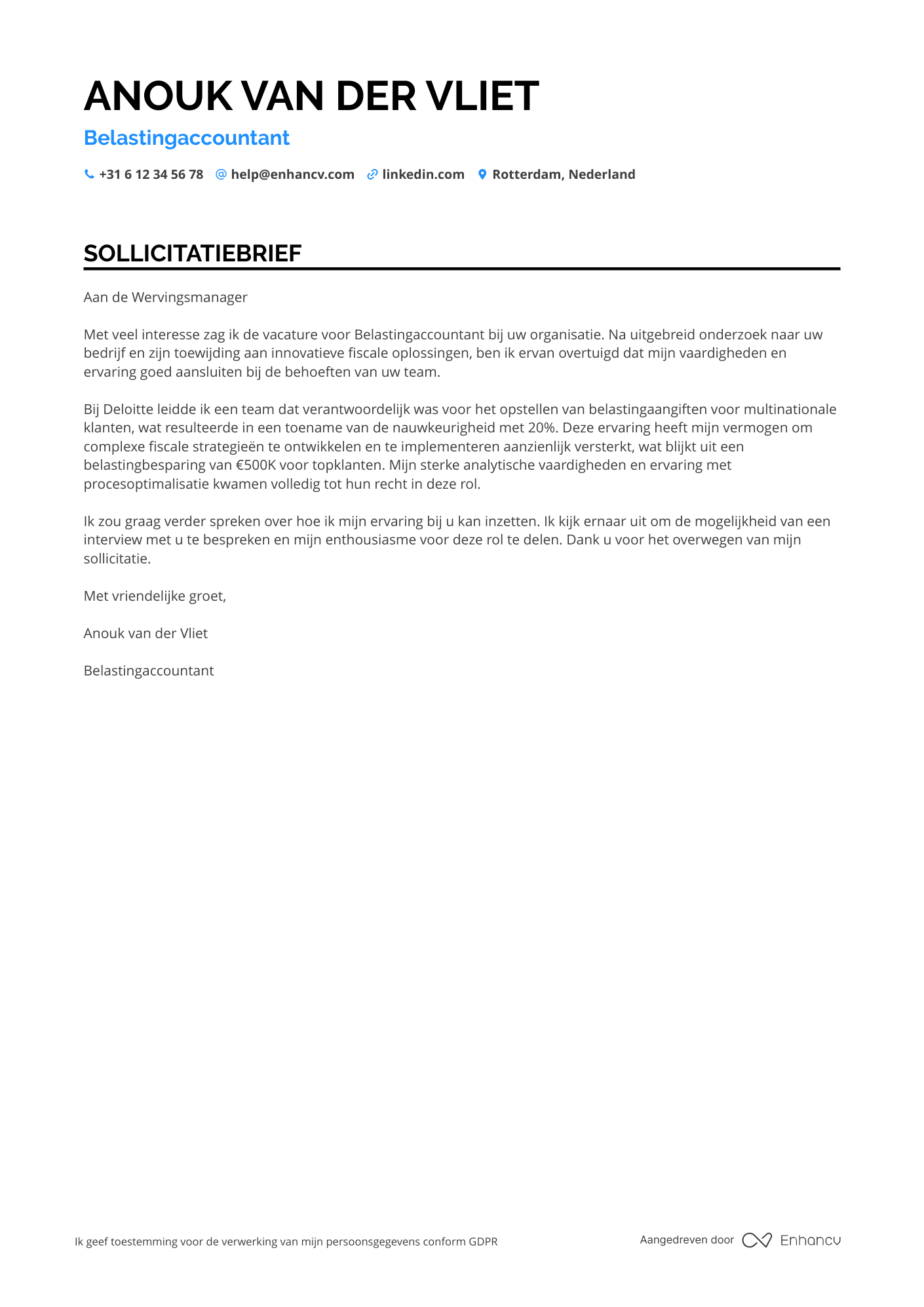 Sollicitatiebrief voor Belastingaccountant