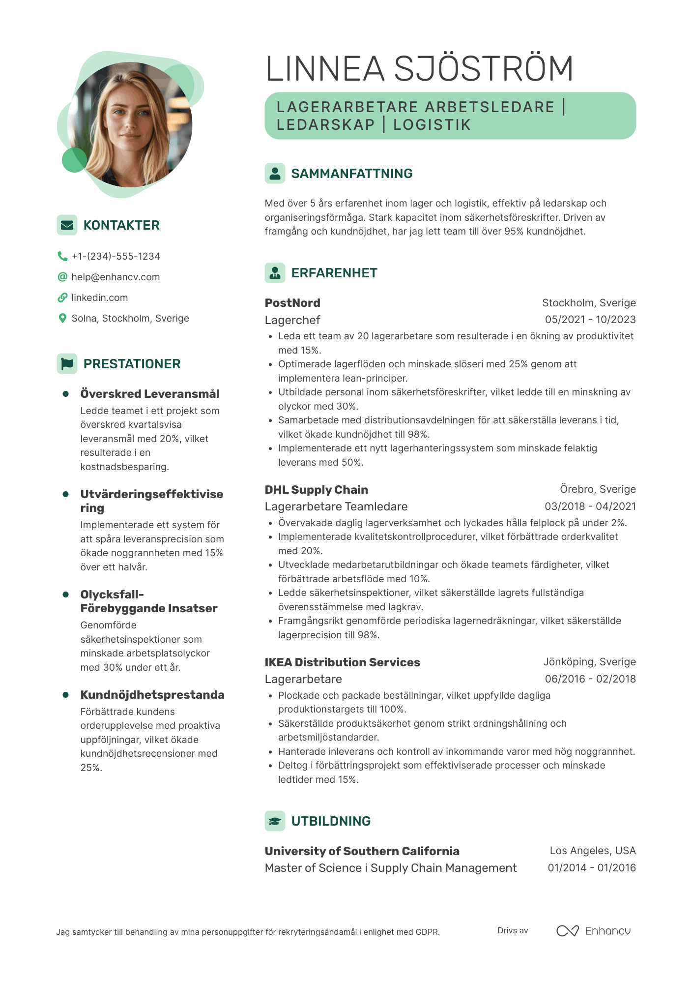 CV för Lagerarbetare arbetsledare
