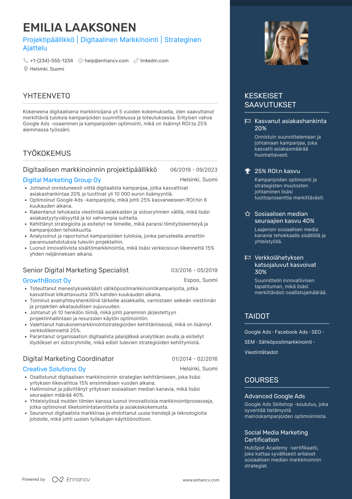 Ansioluettelo Digitaalisen markkinoinnin projektipäällikkö