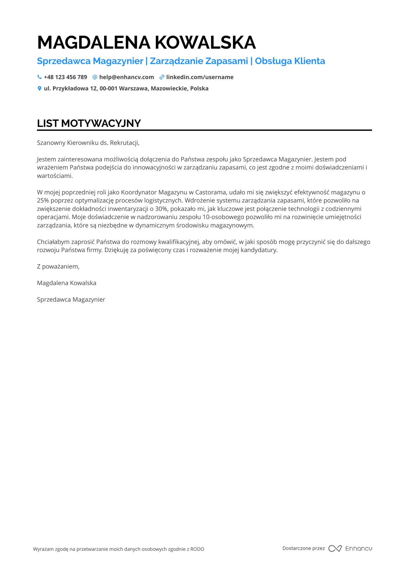 List motywacyjny dla Sprzedawca Magazynier