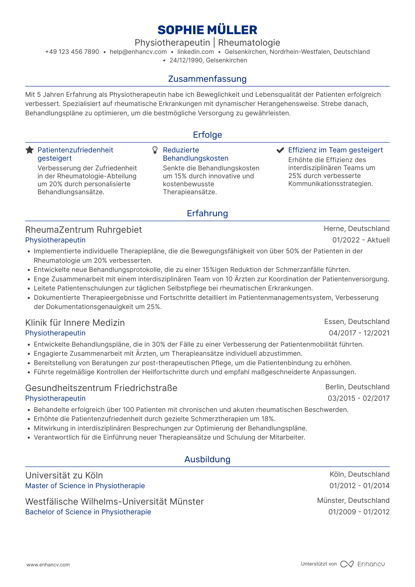 Lebenslauf als Physiotherapeut in der Rheumatologie