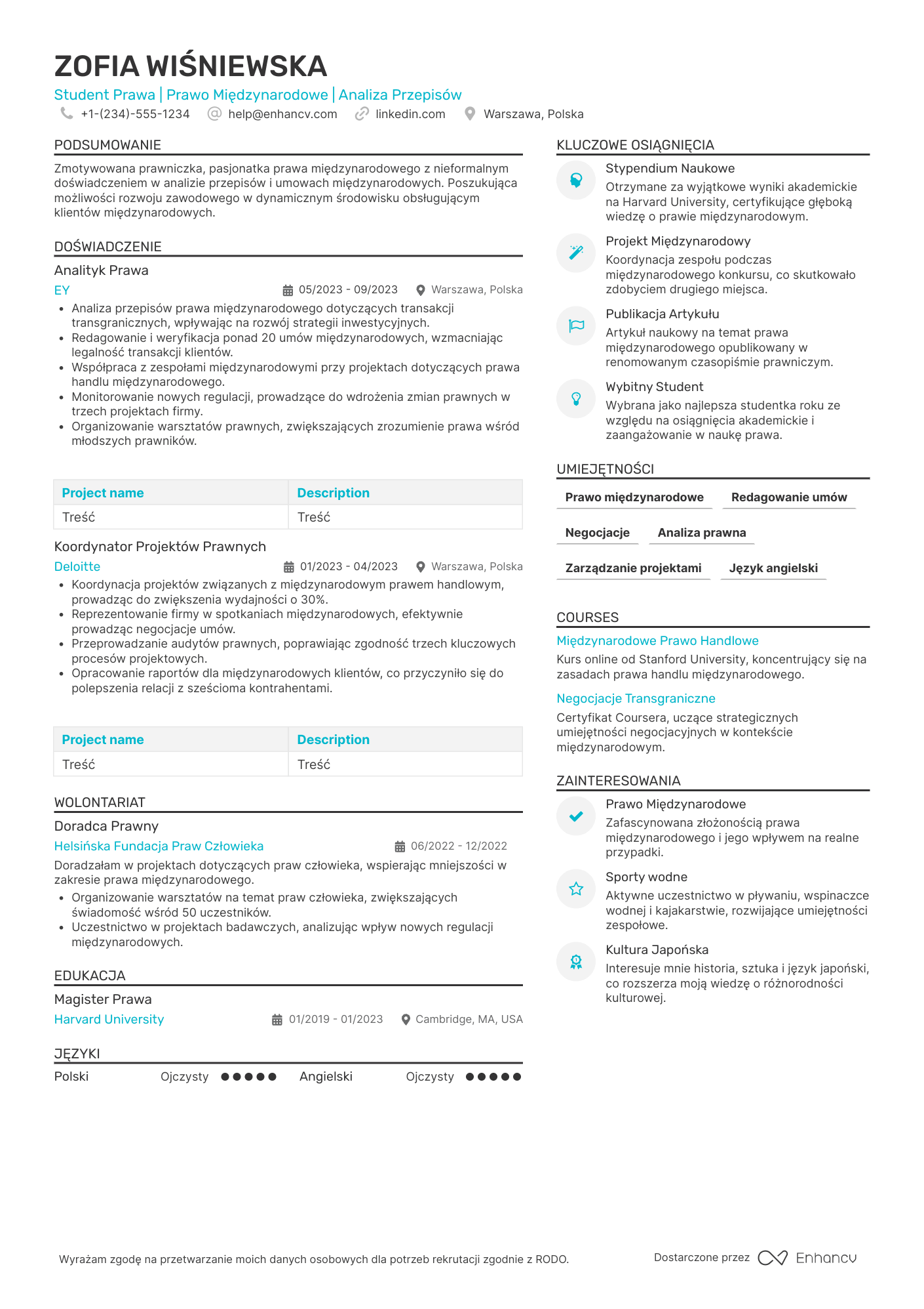 CV dla Prawnik ds. Prawa Międzynarodowego
