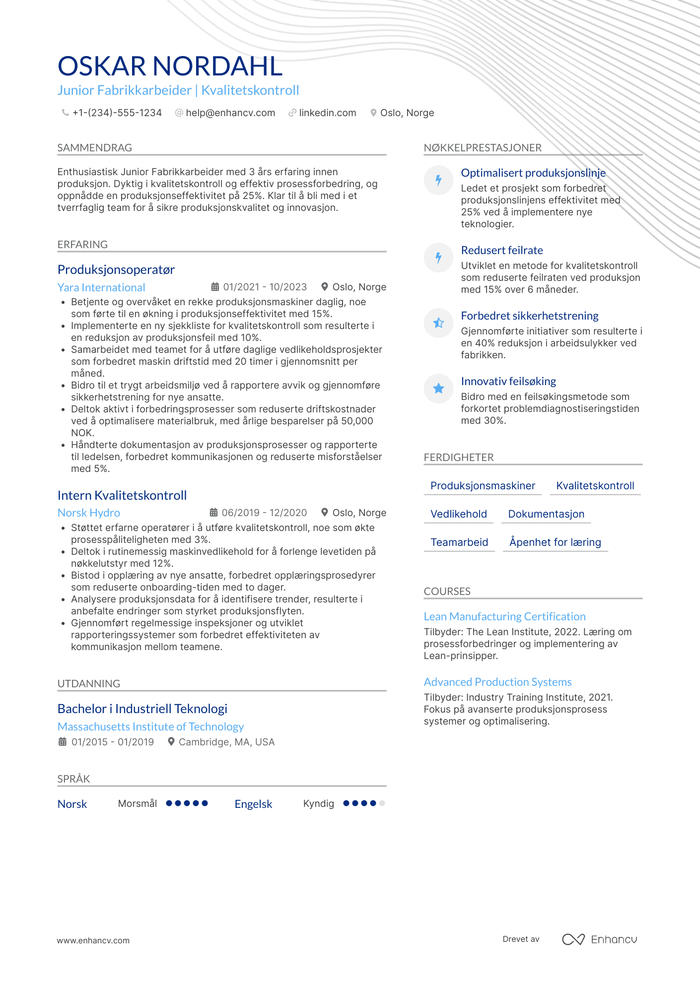 CV for Junior Fabrikkarbeider