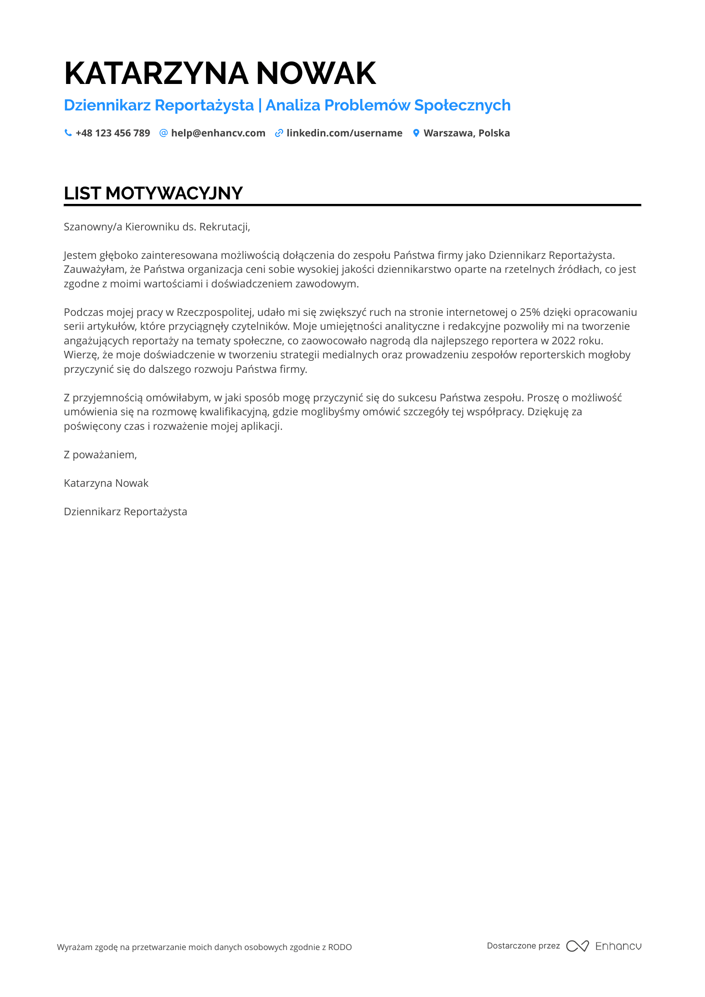 List motywacyjny dla Dziennikarz Reportażysta