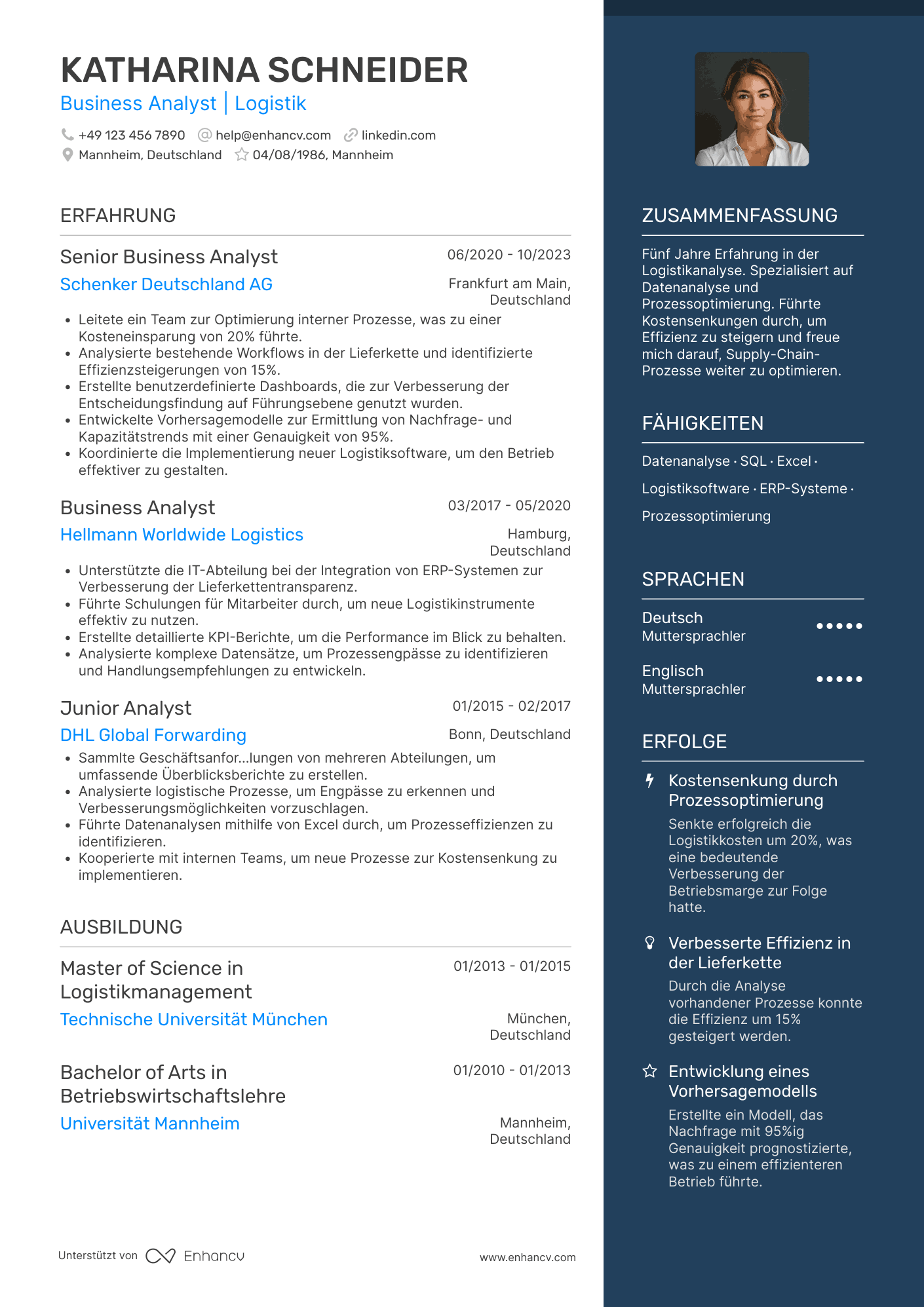 Lebenslauf als Business Analyst für Logistik