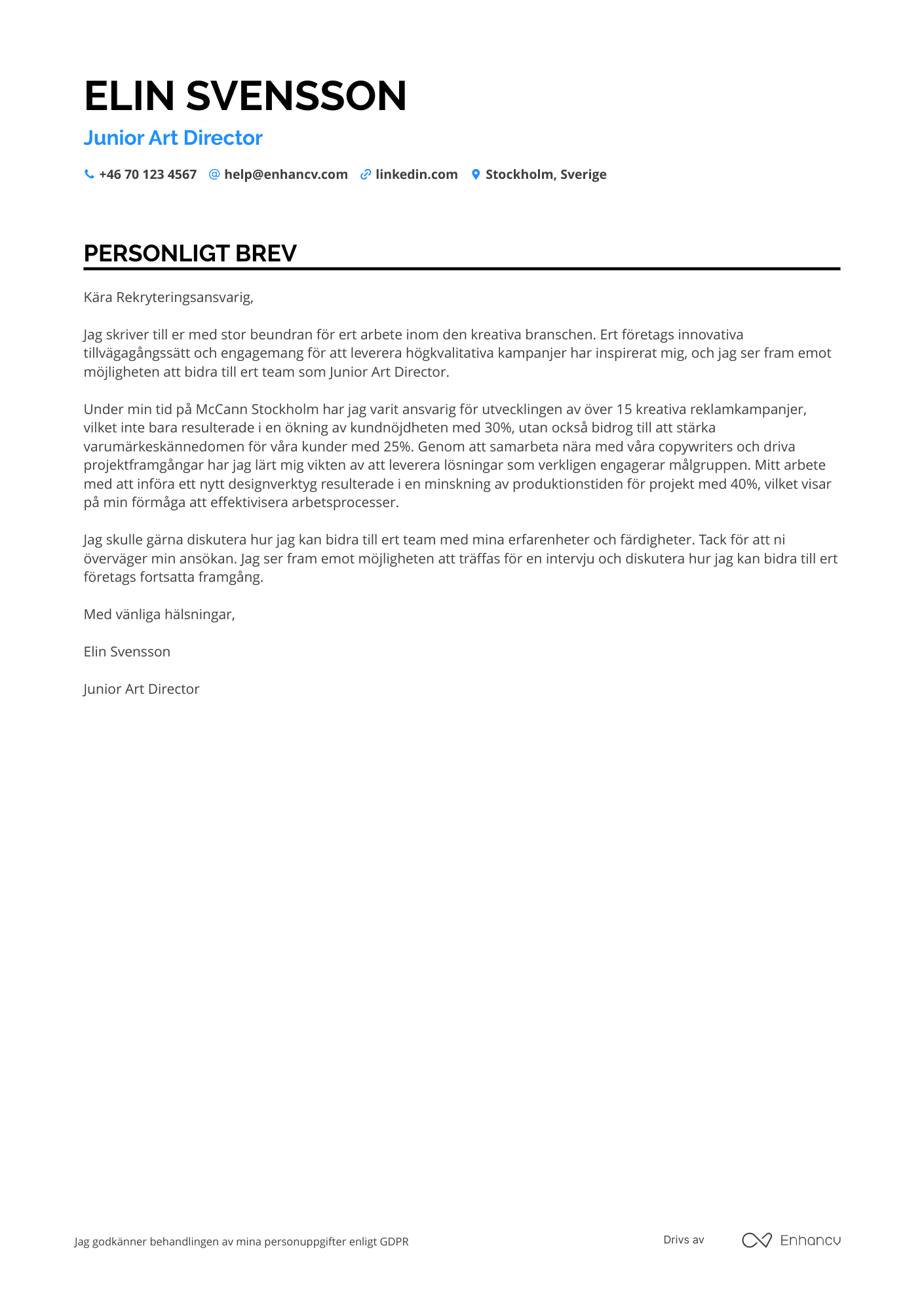 Personligt brev för Junior Art Director