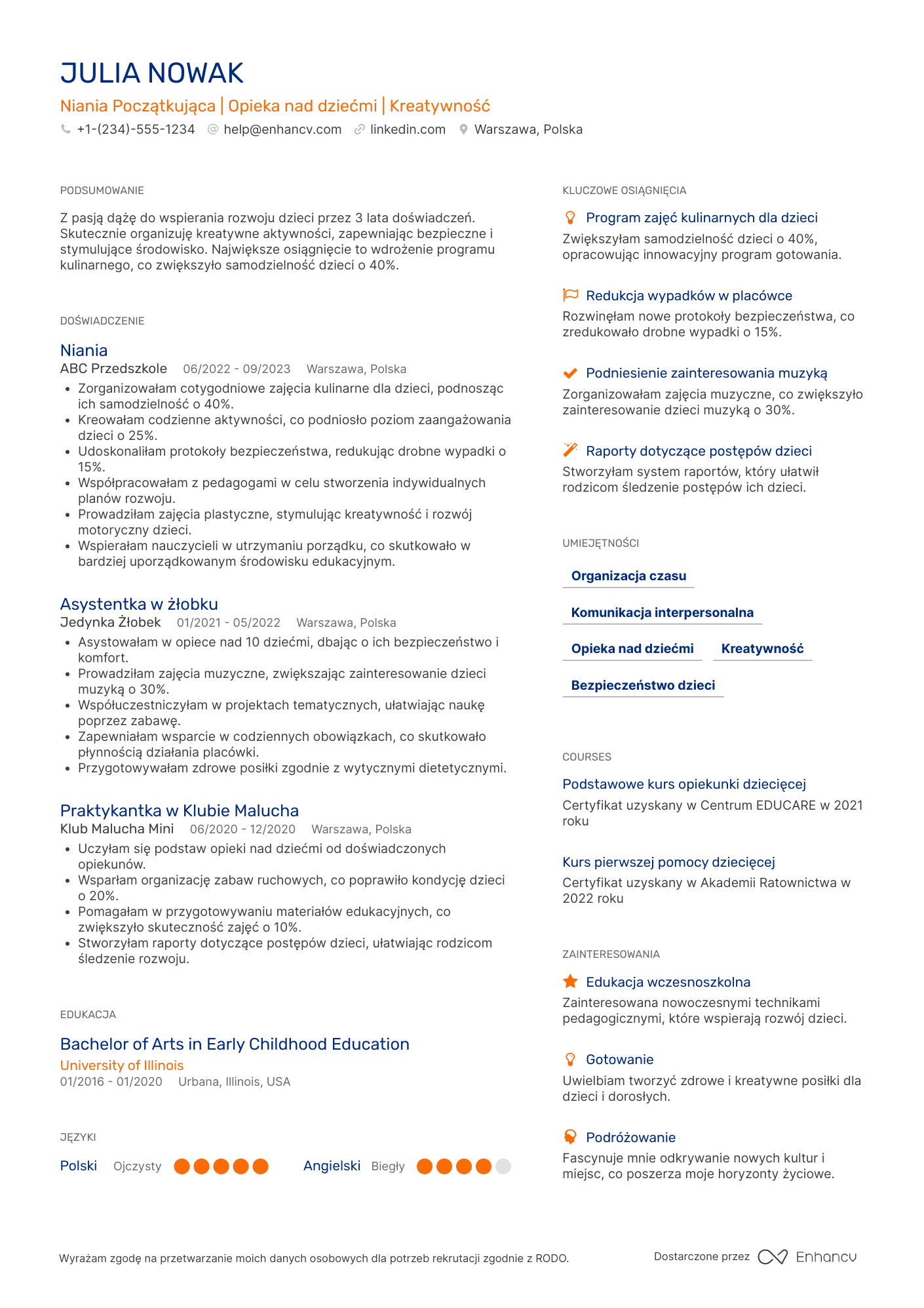 CV dla Niania Początkująca
