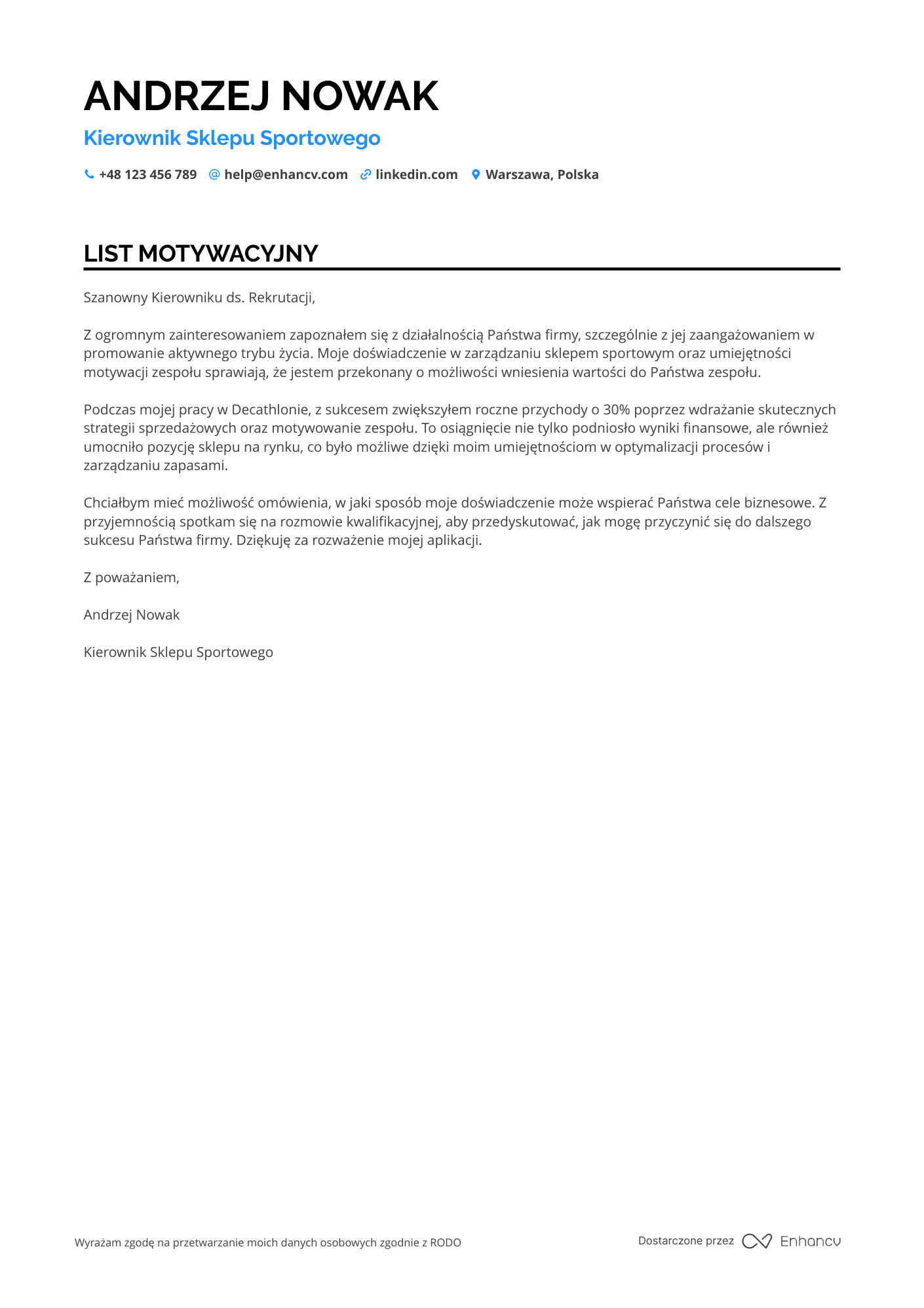 List motywacyjny dla Kierownik Sklepu Sportowego