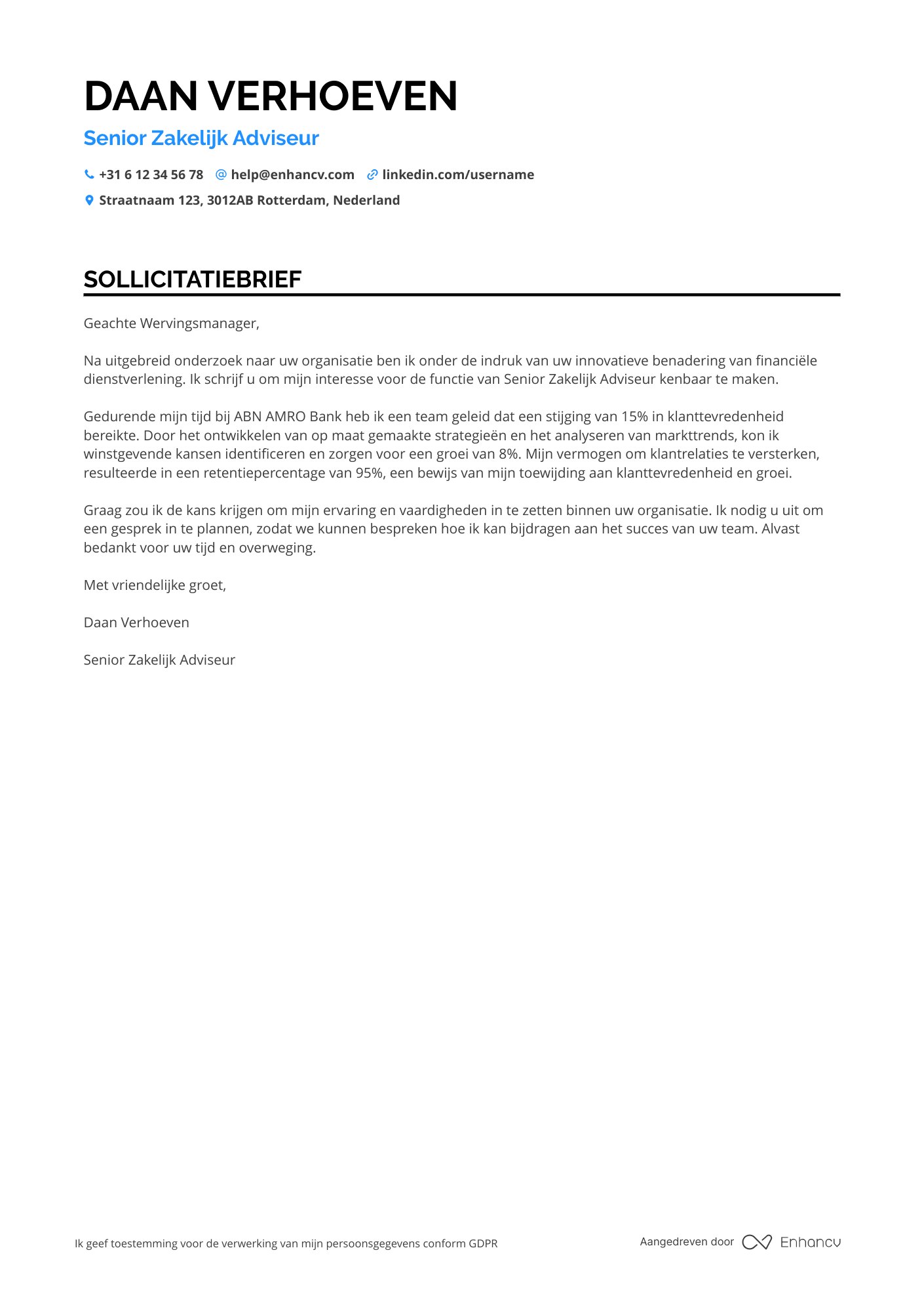 Sollicitatiebrief voor Senior Zakelijk Adviseur
