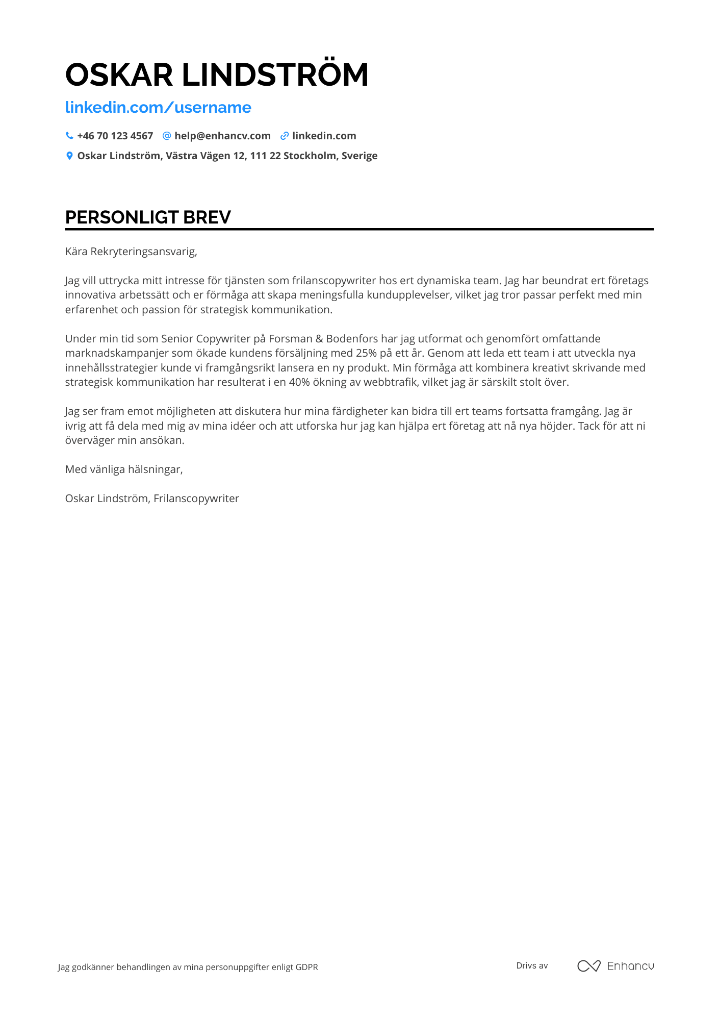 Personligt brev för Freelance Copywriter