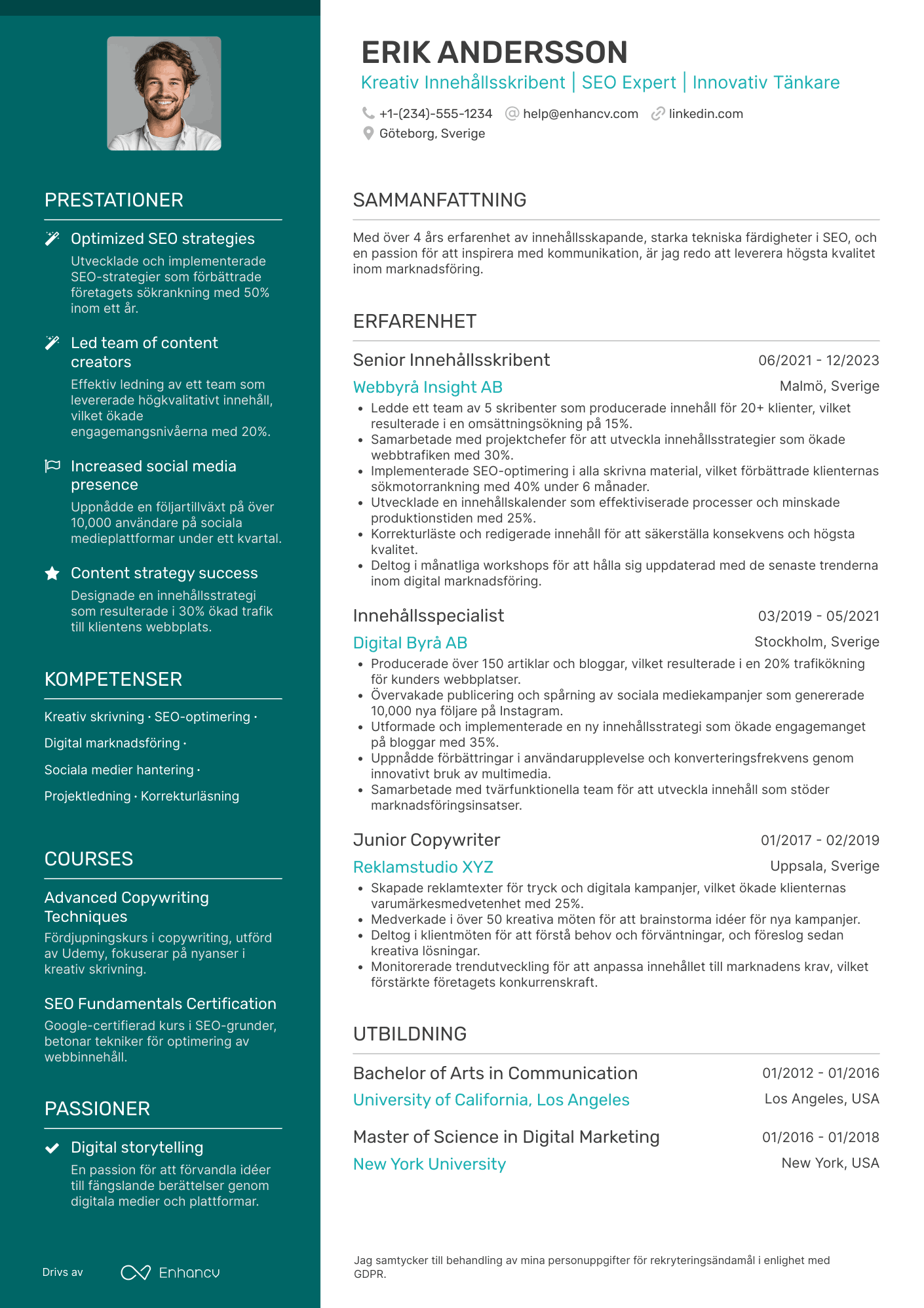 CV för Kreativ Innehållsskribent