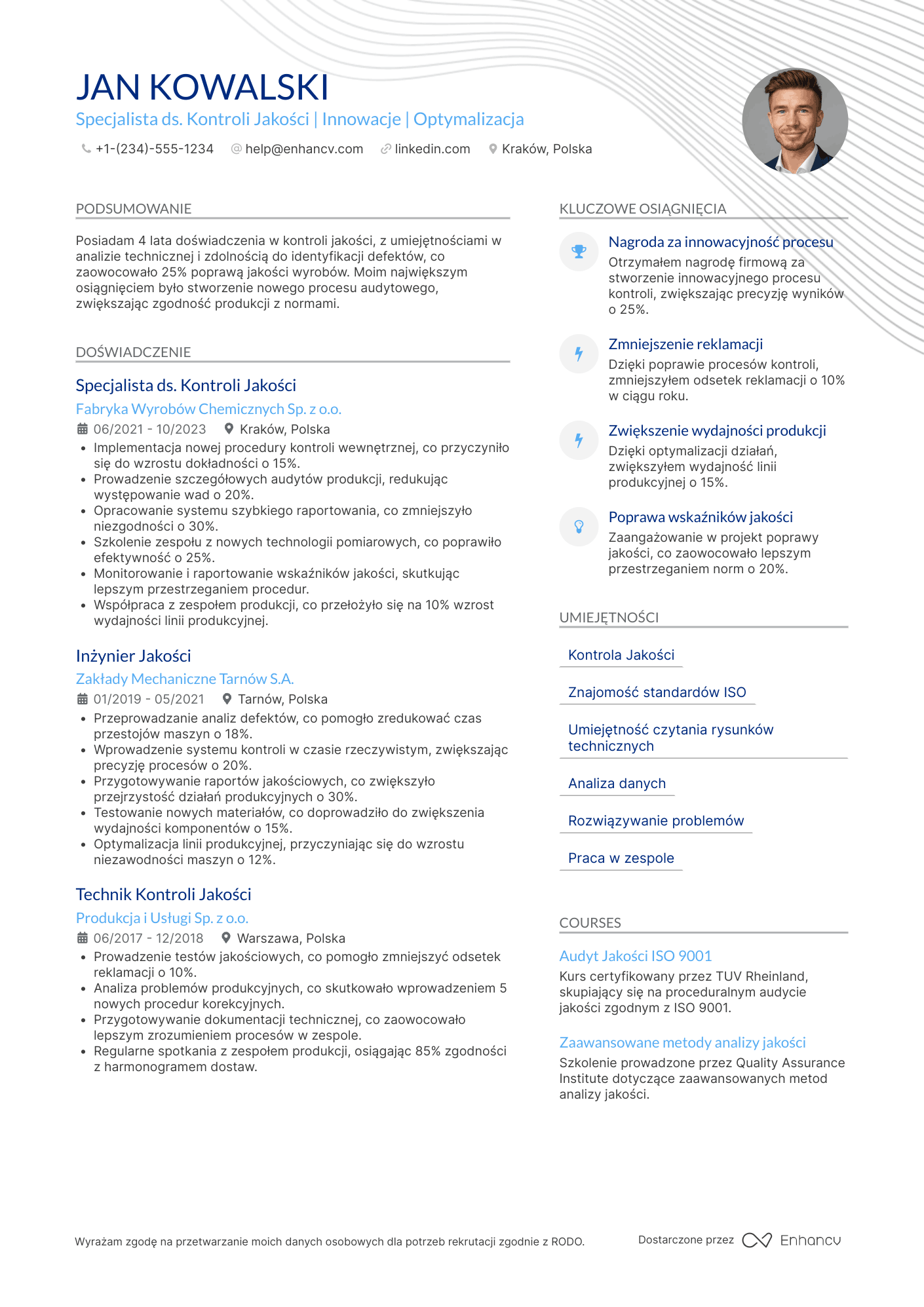 CV dla Pracownik Produkcji Kontrola Jakości