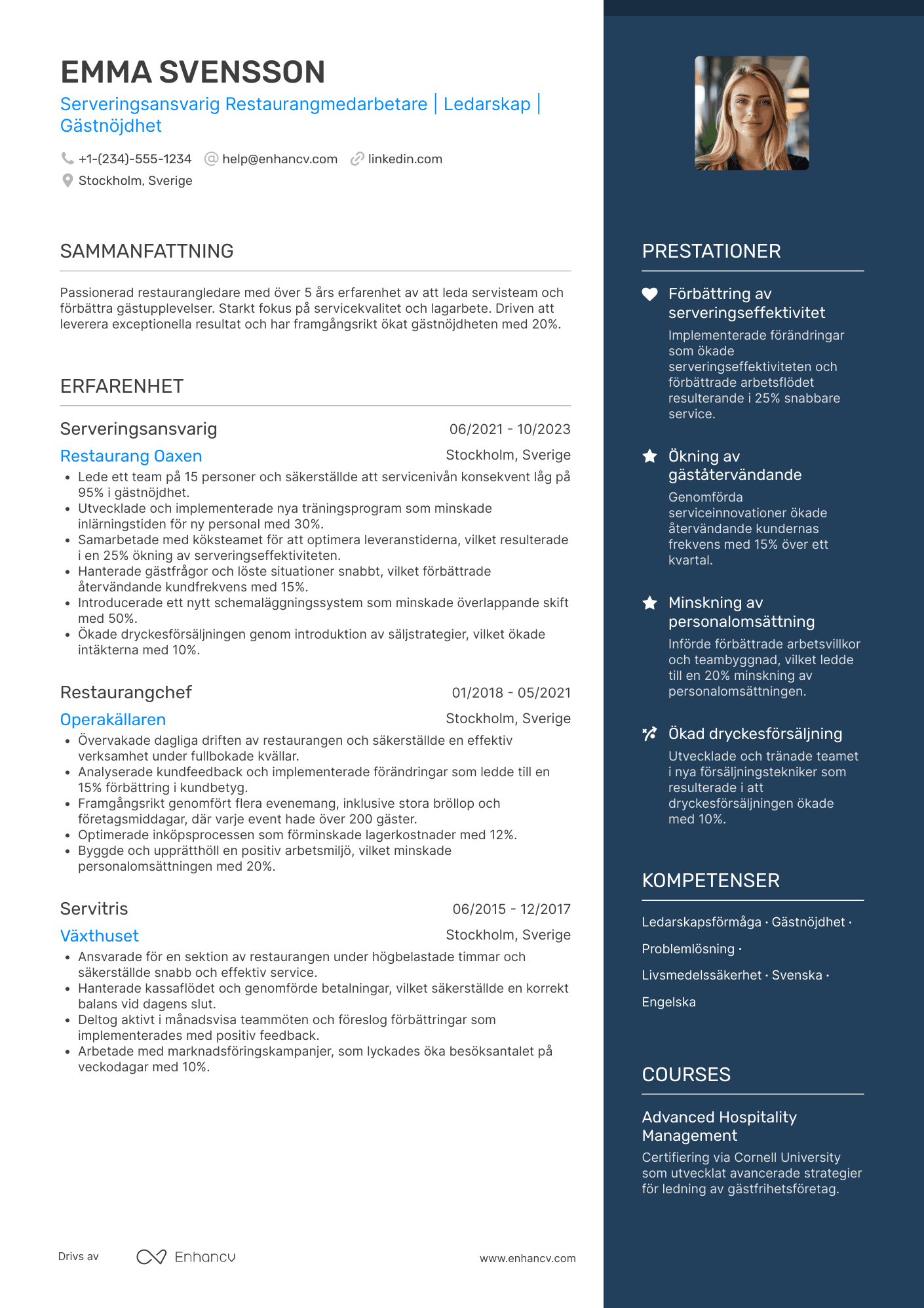 CV för Serveringsansvarig Restaurangmedarbetare