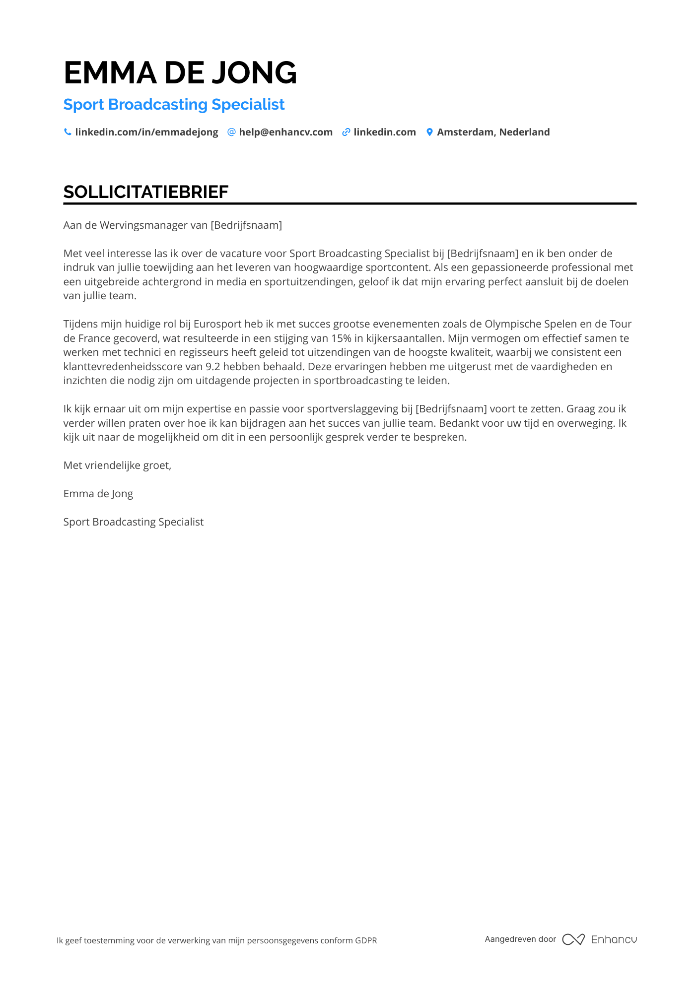 Sollicitatiebrief voor Sport Broadcasting Specialist
