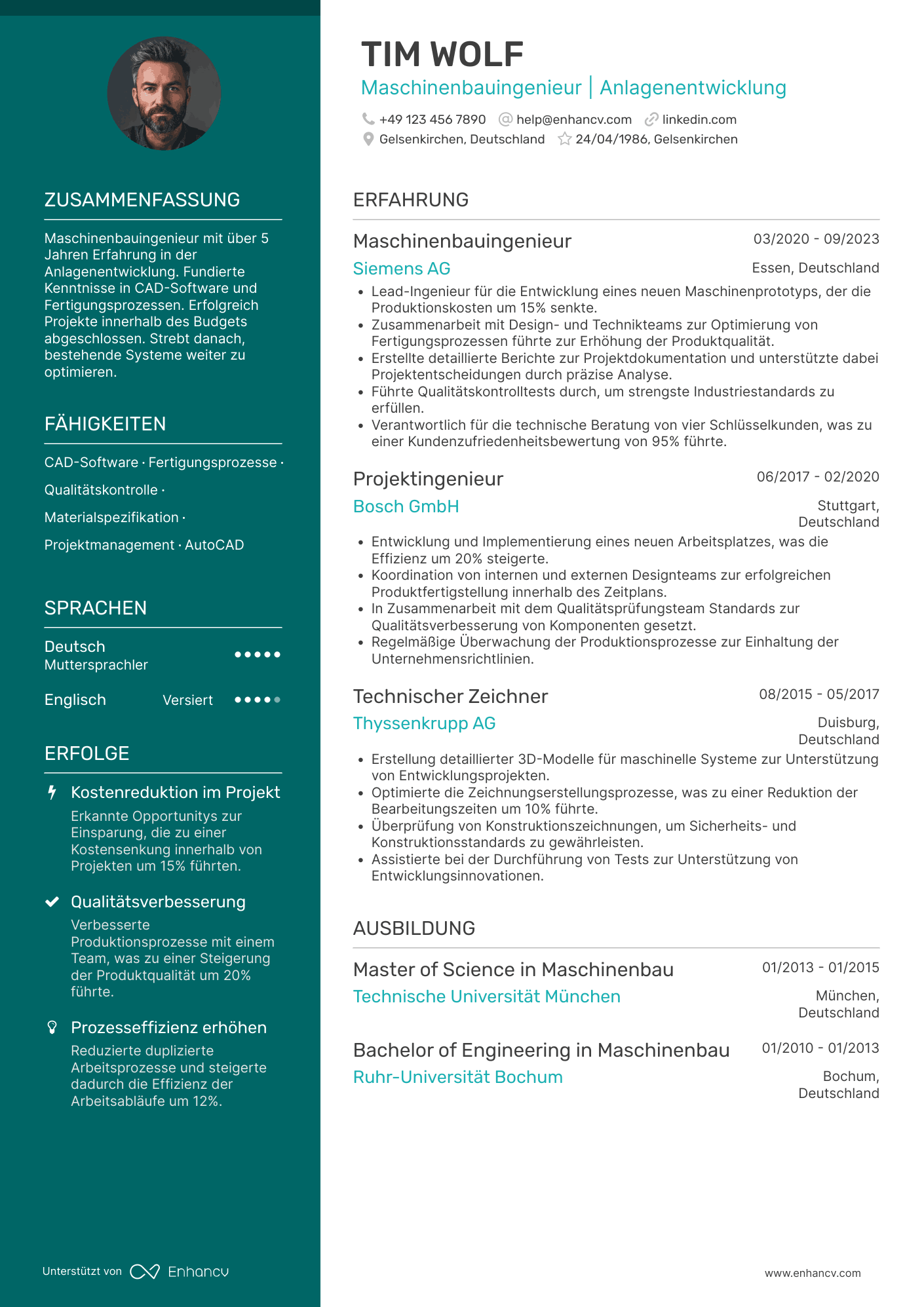 Lebenslauf als Maschinenbauingenieur auf mittlerer Ebene