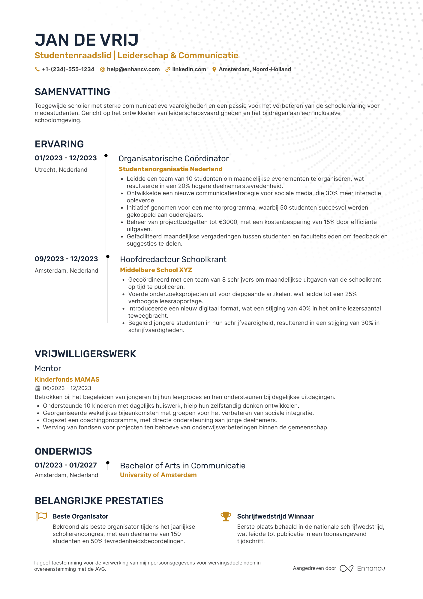 CV voor Middelbare School Student Council Member