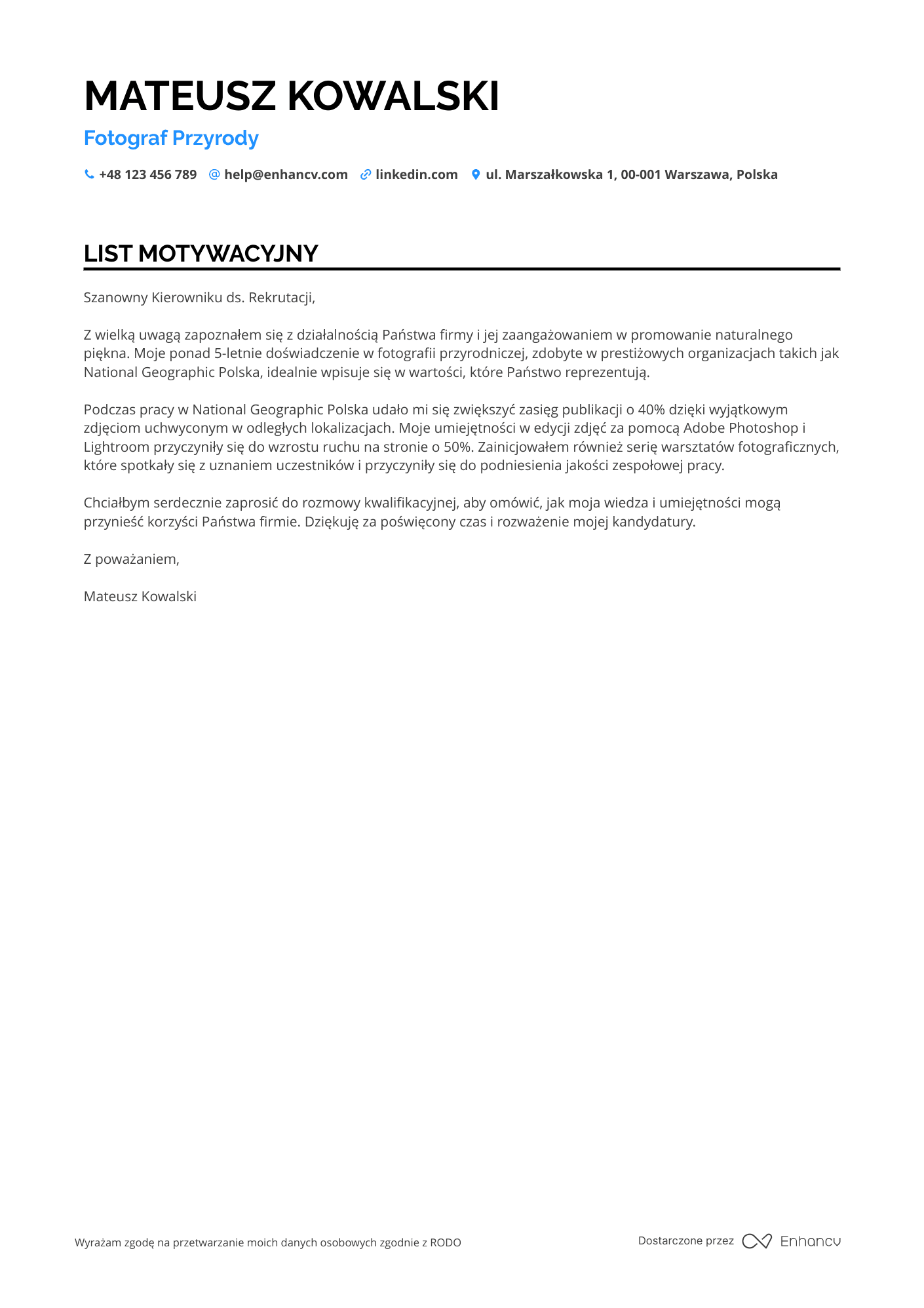 List motywacyjny dla Fotograf przyrody