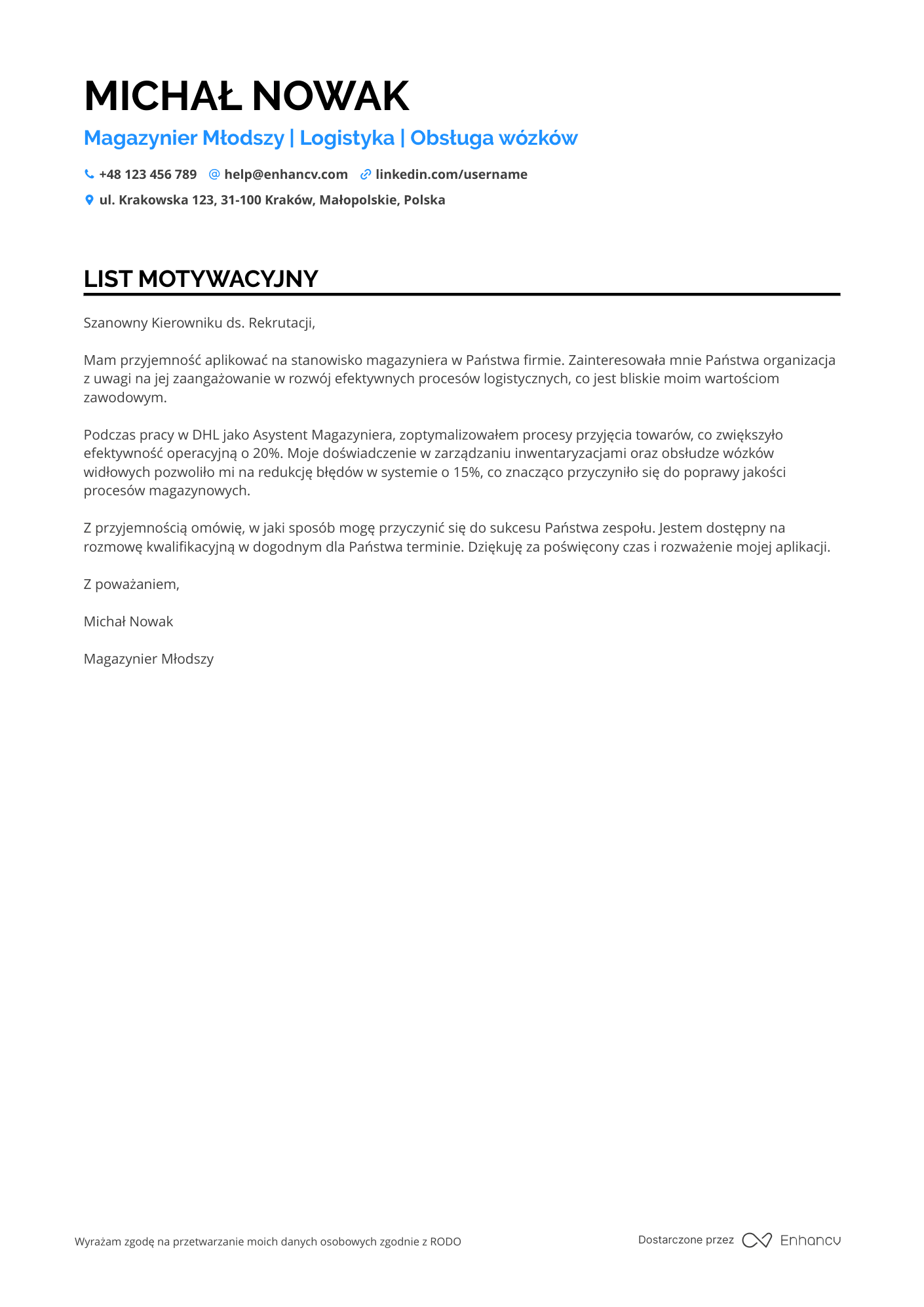List motywacyjny dla Magazynier Młodszy