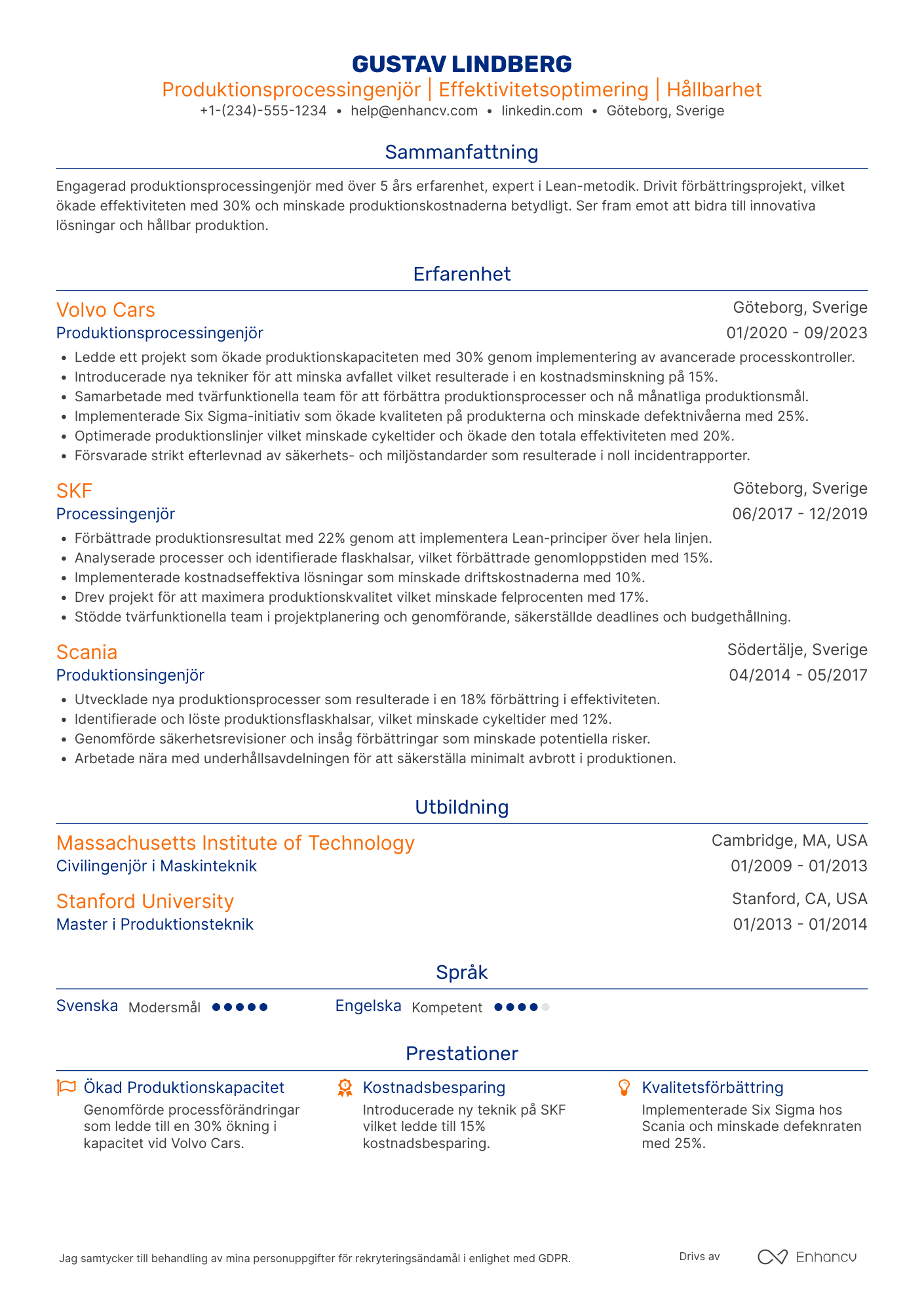 CV för Produktionsprocessingenjör