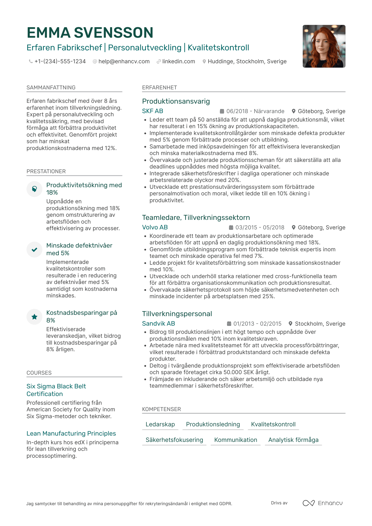CV för Tillverkningspersonalansvarig