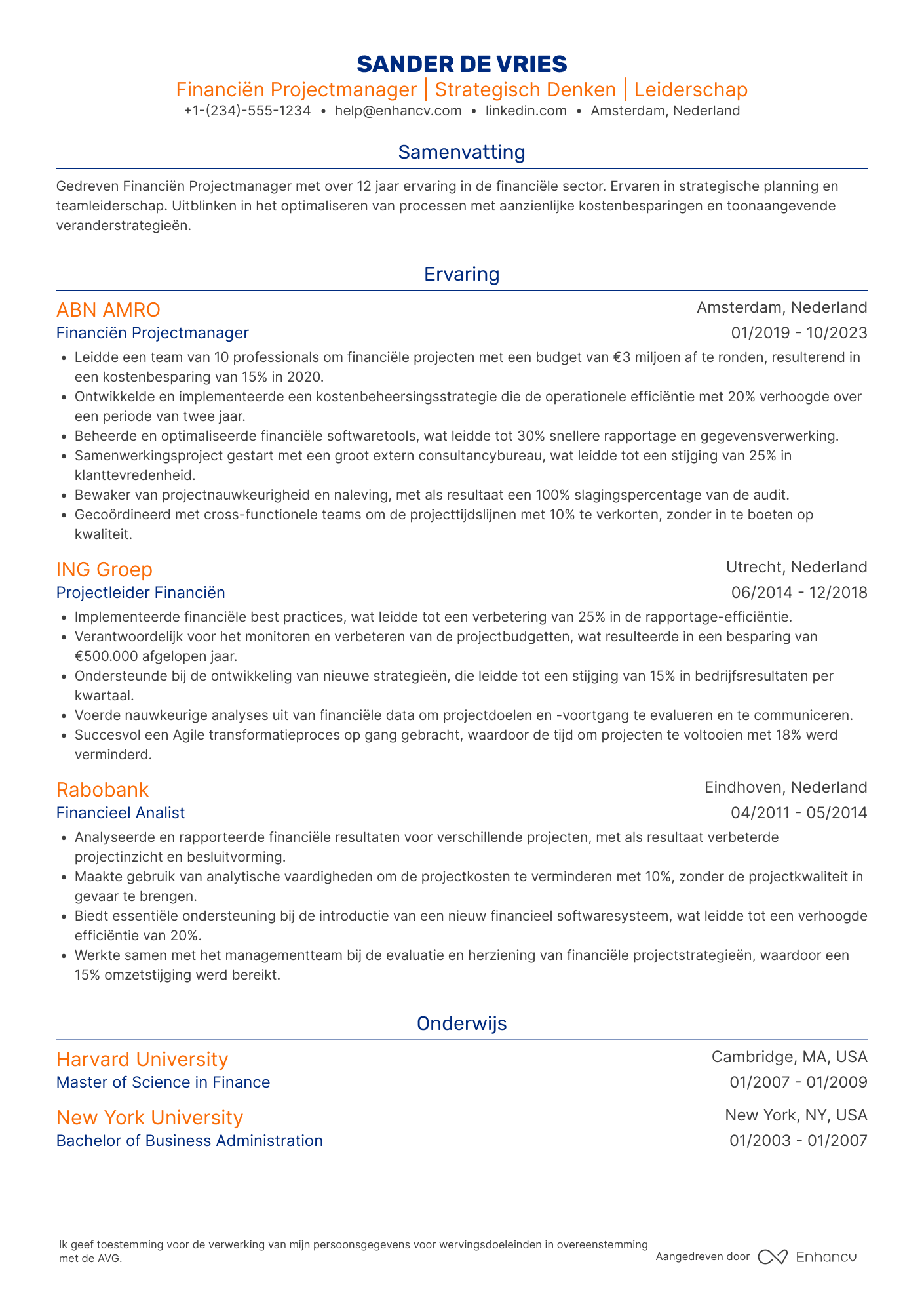 CV voor Financien Projectmanager