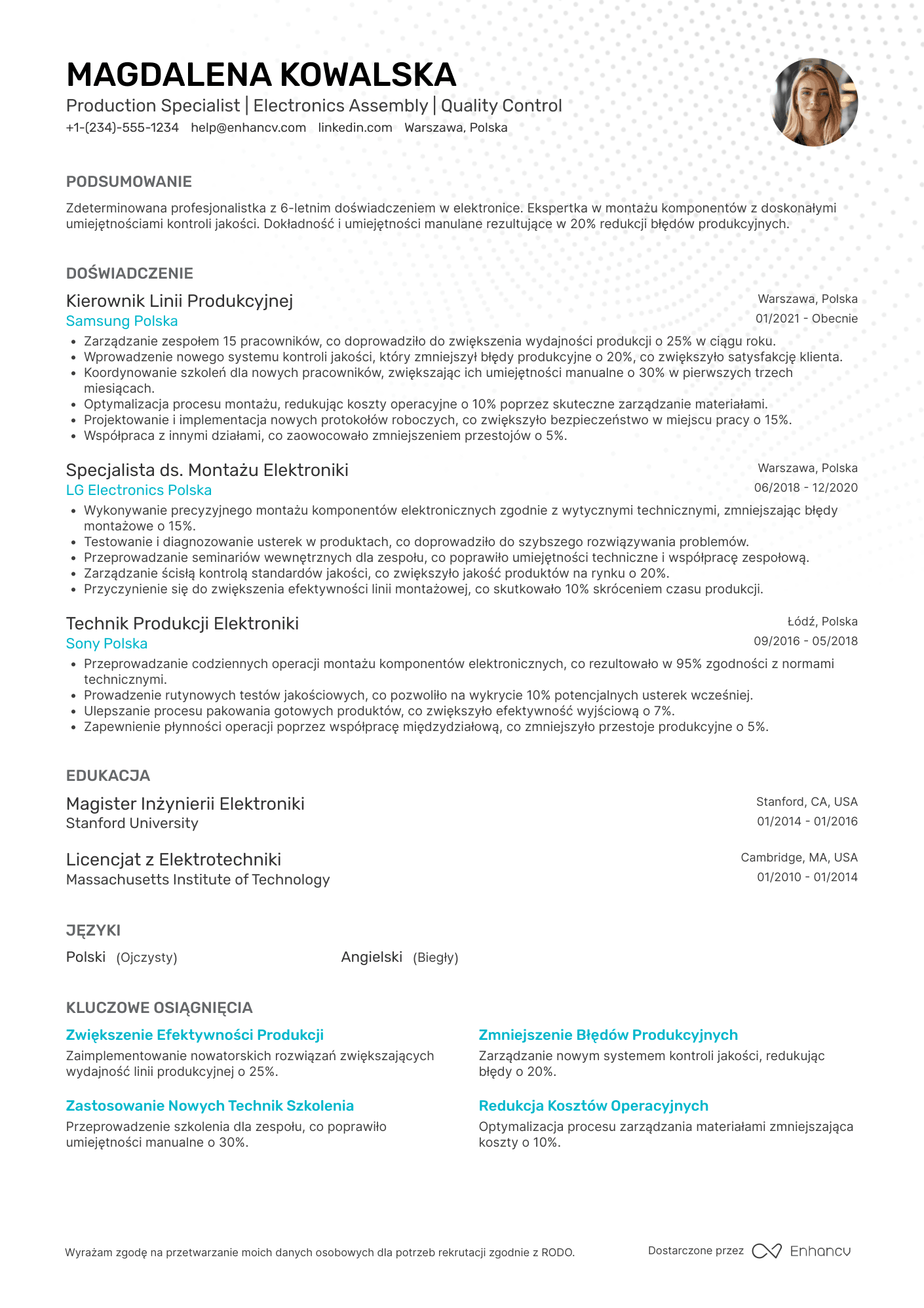 CV dla Pracownik Produkcji Produkcja Elektroniki