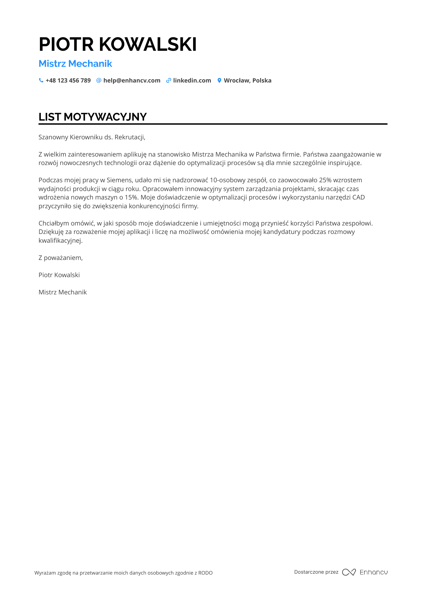 List motywacyjny dla Maschinenbau Mastermechanik