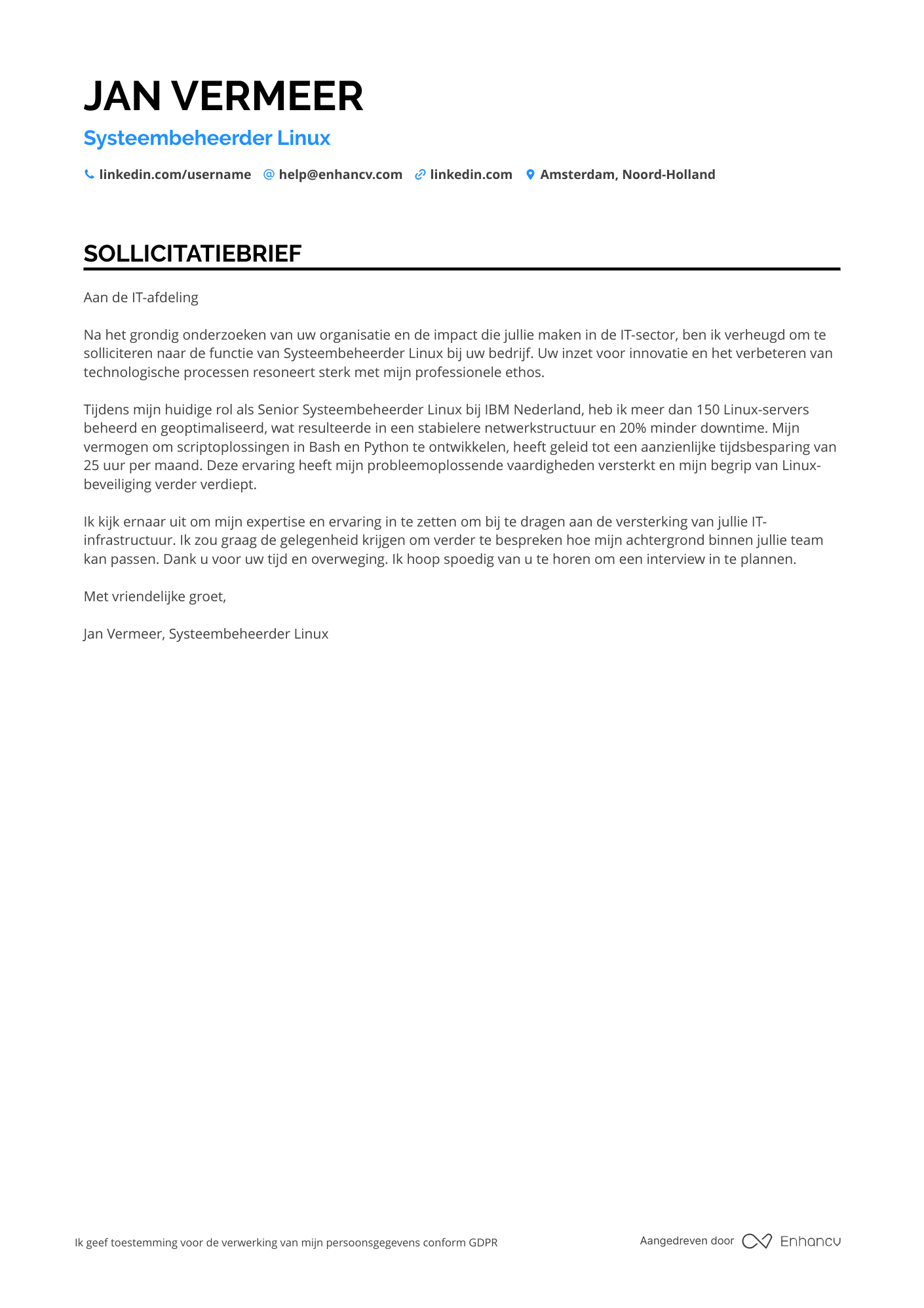 Sollicitatiebrief voor Systeembeheerder Linux