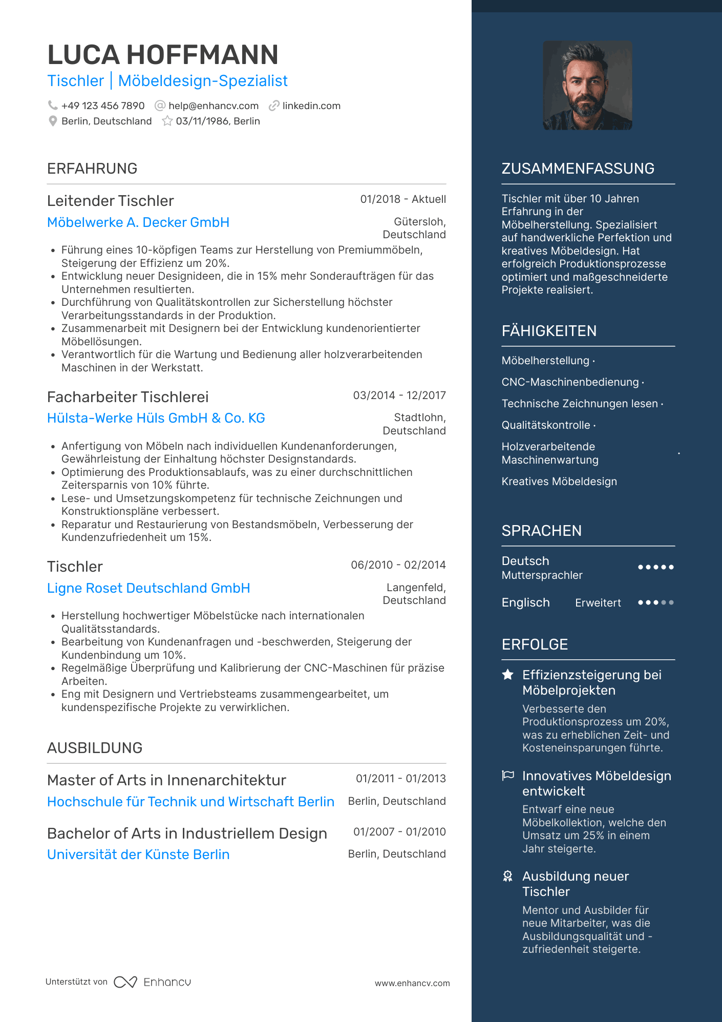 Lebenslauf in Tischler in der Möbelindustrie