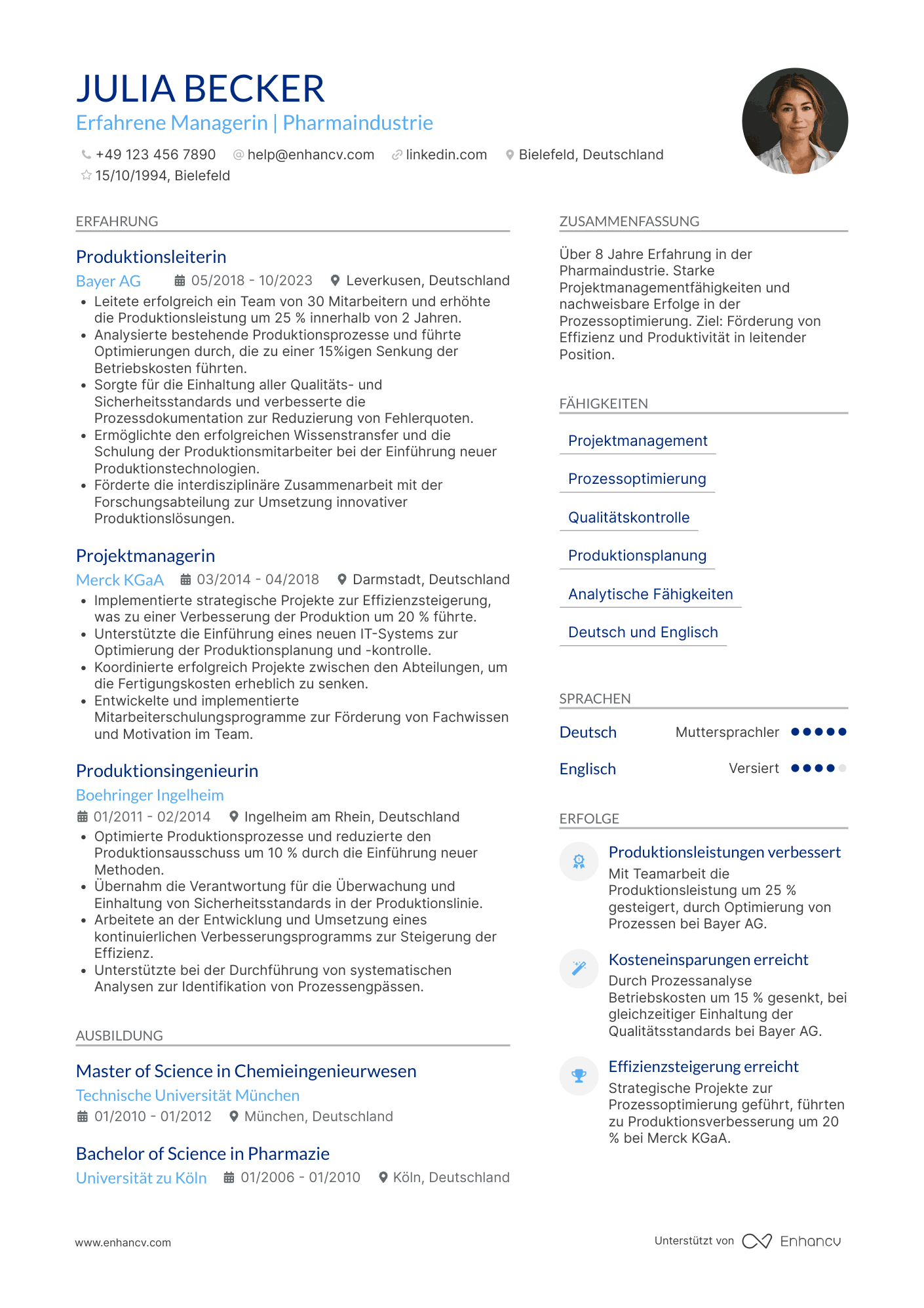 Lebenslauf in Stellvertretender Manager in der Pharmaindustrie